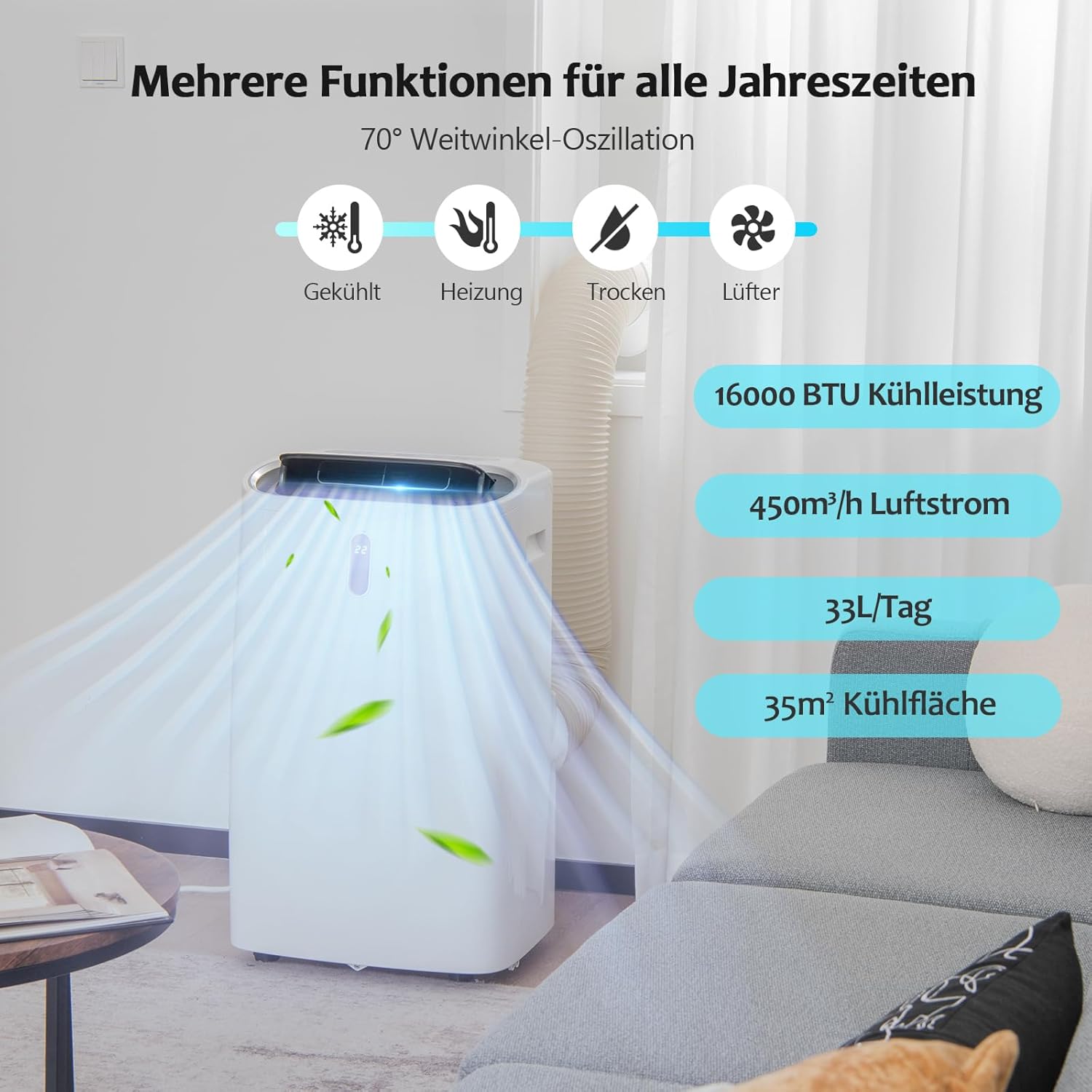 GOPLUS 16000 BTU Klimaanlage mit Abluftschlauch, 5 in 1 mobiles Klimagerät: Kühlen, Heizen, Entfeuchten, Belüften, Schlafmodus | für Raumgröße bis 30㎡ | 24H-Timer | App/Fernbedienung (16000BTU)