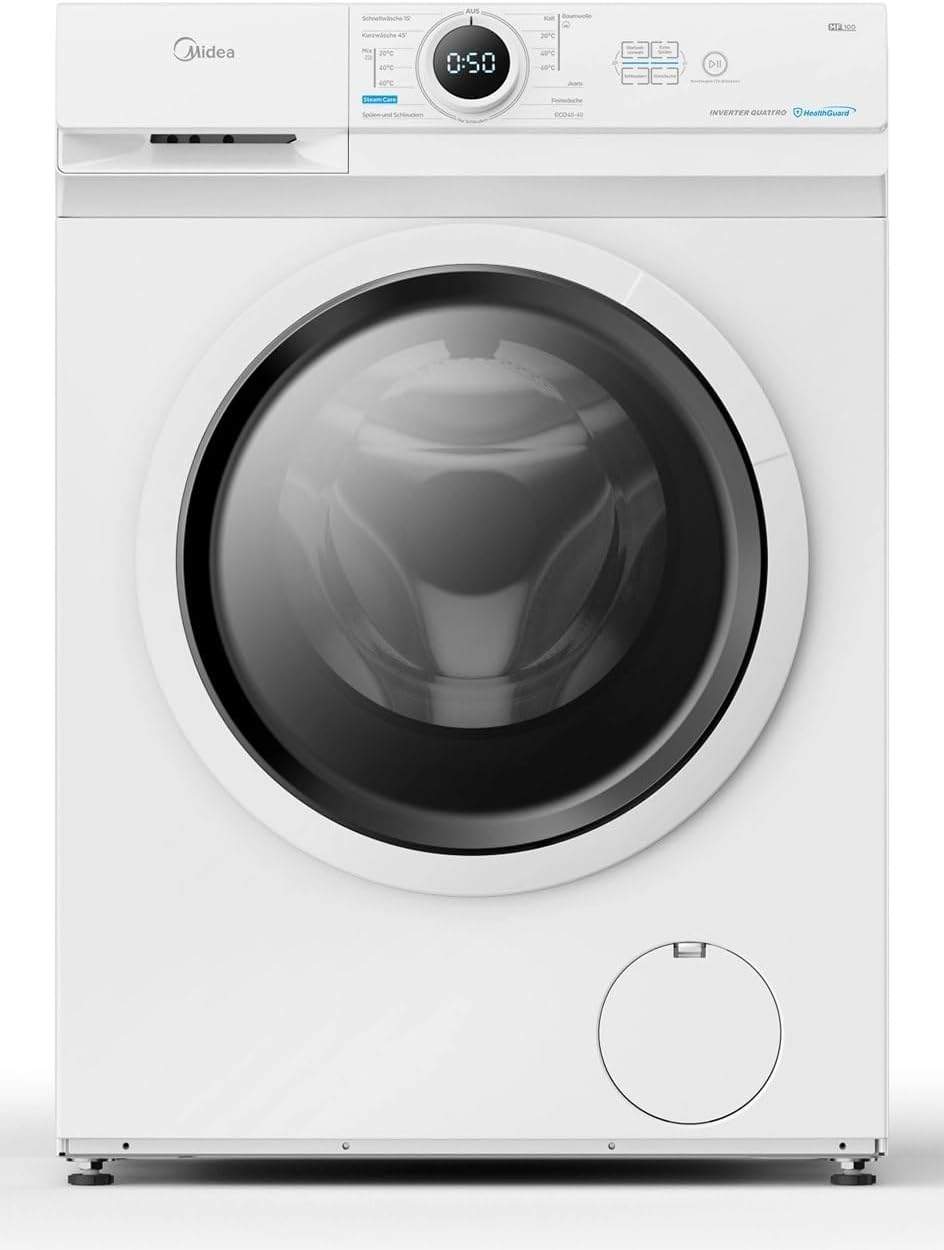 Midea MF10EW80B Waschmaschine / 8kg / 1400 U/Min/EEK A/Inverter Quattro Moto/Dampffunktion/Grosse Trommel/Slim Design/Nachlegefunktion/Kindersicherung/AquaStop, Weiß