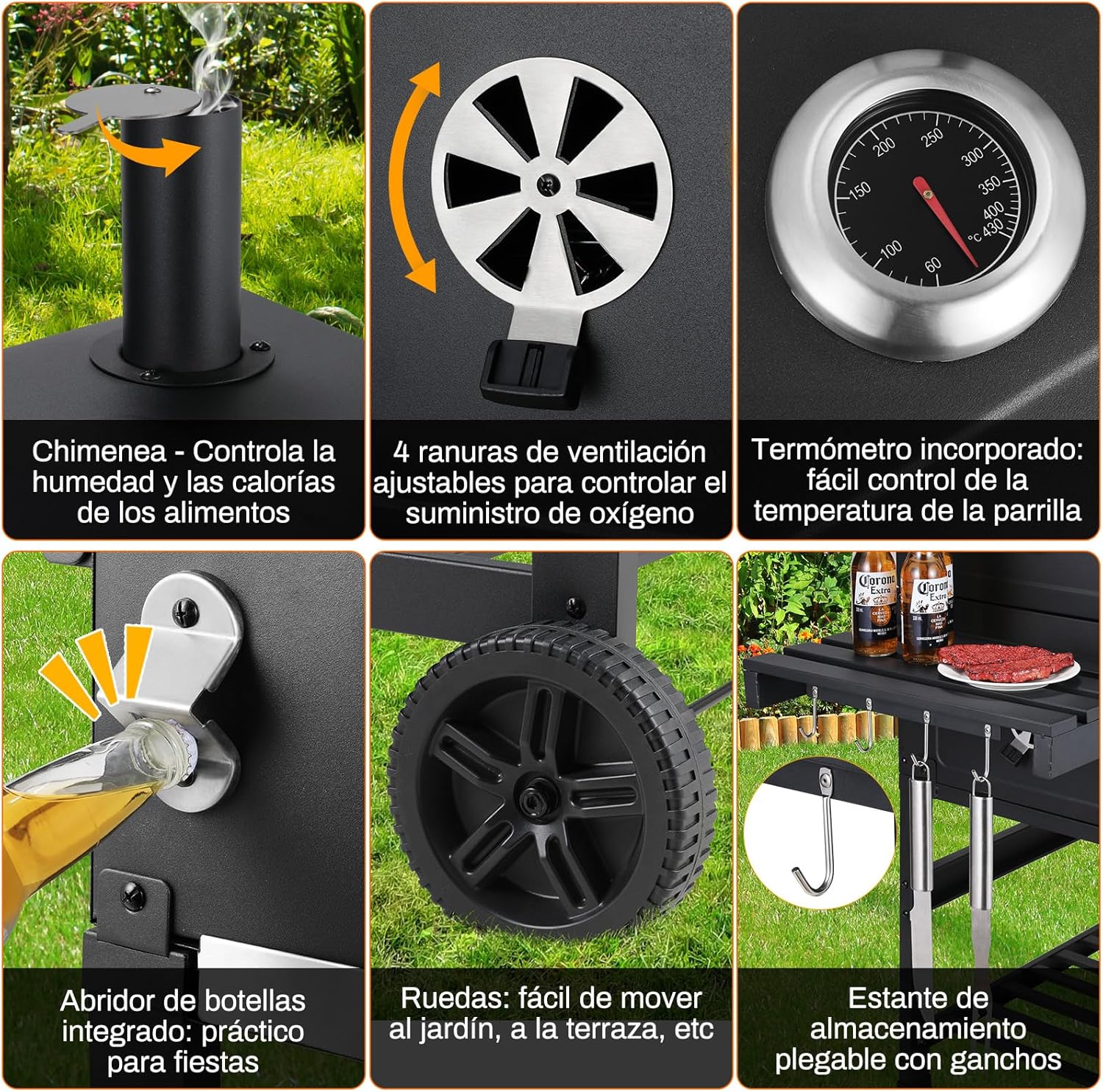 Barbacoa de Carbon XXL, Parrilla de Carbón con Chimenea y Tapa, Parrilla con Carrito BBQ Smoker con Ruedas y Termómetro, Grande BBQ Carbon para Camping y Jardín