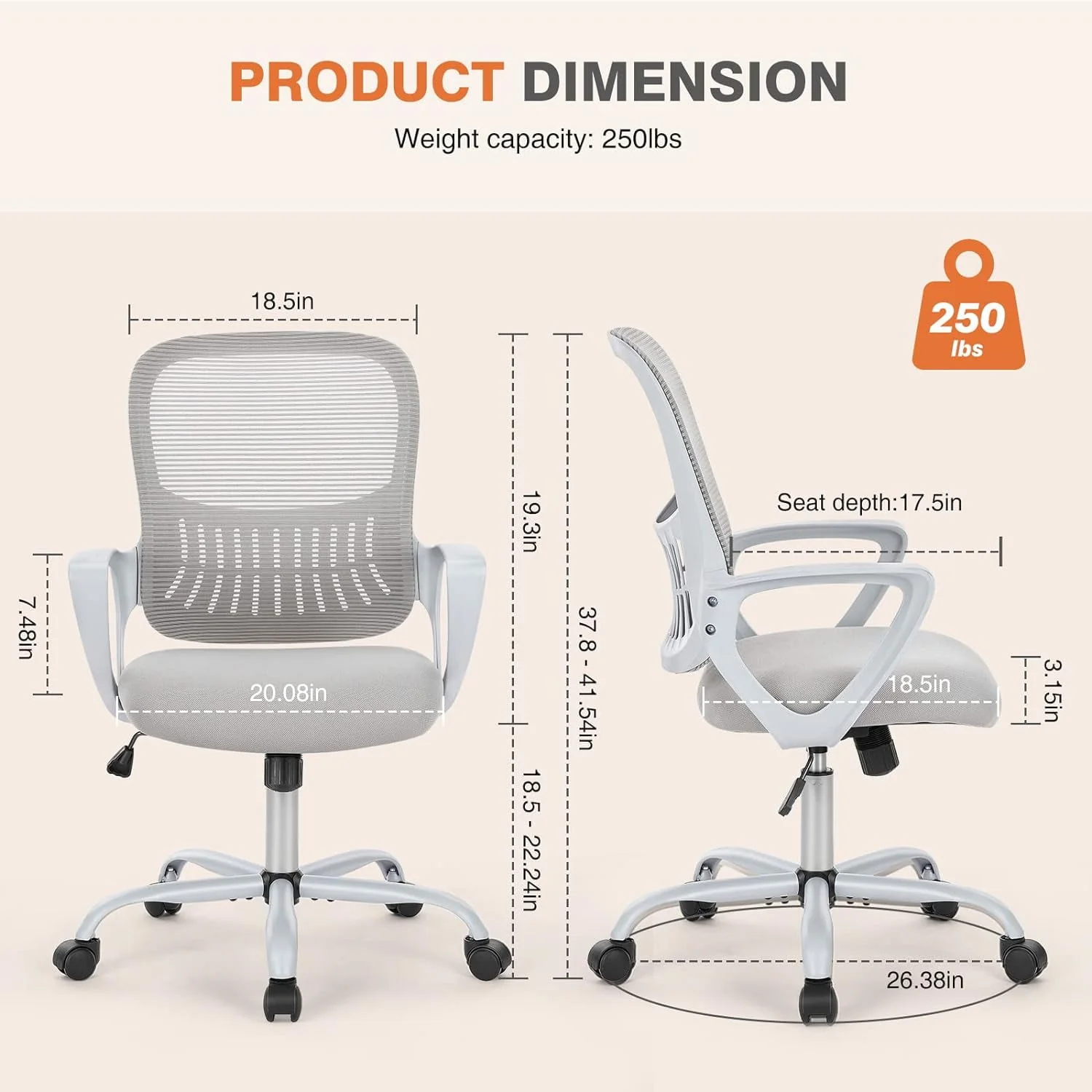 Office Computer Desk Managerial Executive Chair, Ergonomic Mid-Back Mesh Rolling Work Swivel Chairs with Wheels, Comfortable Lumbar Support, Comfy Arms for Home,Bedroom,Study,Student,Grey