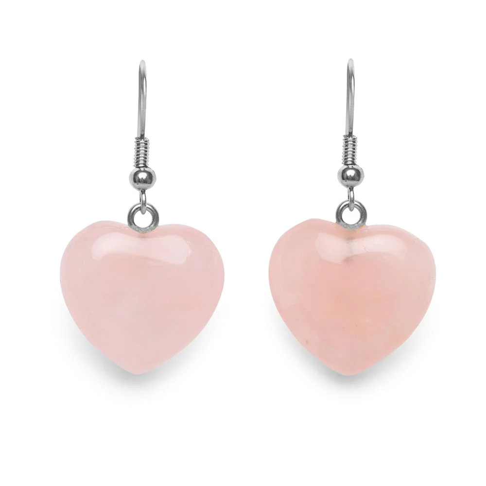 Rozenkwarts Hartje Oorhanger - Edelsteen Hart - RVS Oorbellen