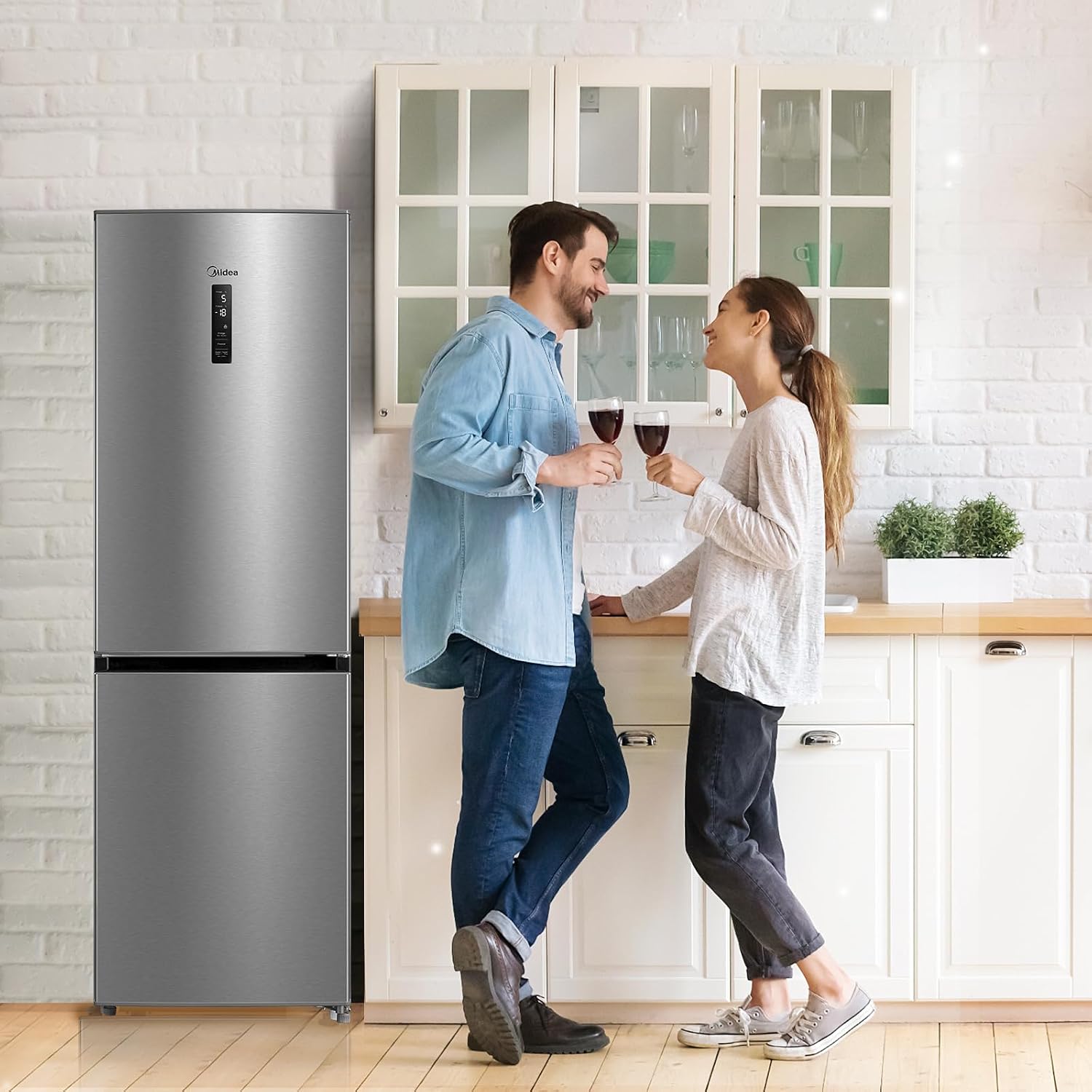 Midea MERB345MGC02 Kühl-/Gefrierkombination/No Frost/185 cm hoch / 59,5 cm breit /70 cm tiefe/171 kWh/Jahr/216 L Kühlteil/ 122 L Gefrierteil/Twin Control/mit Chiller Box, Front Inox