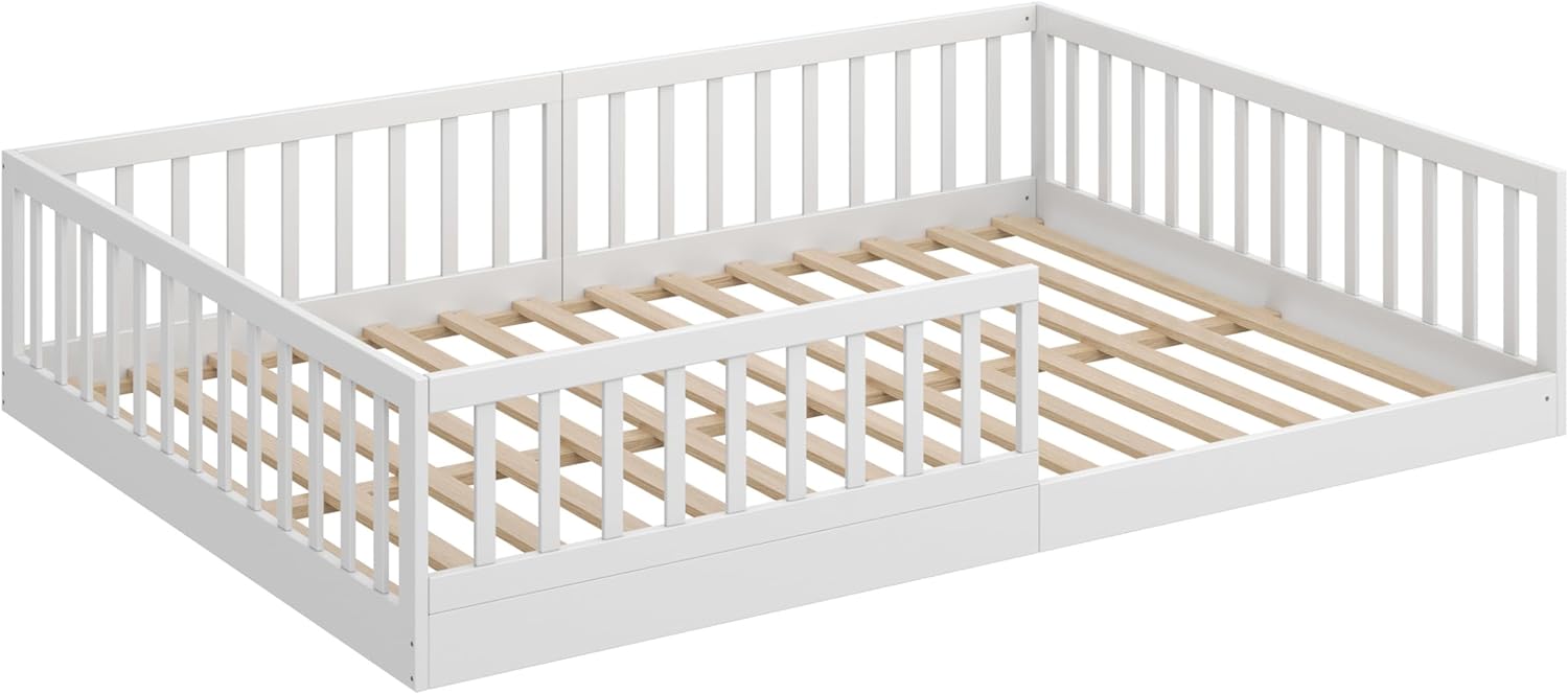 CADANI Timi 2in1 Bodenbett 140x200 cm Montessori Kinderbett mit abnehmbaren Rausfallschutz inkl. Lattenrost, Kiefer Massivholz, weiß - 3 Aufbauvarianten, bis 200 kg belastbar, umbaubar