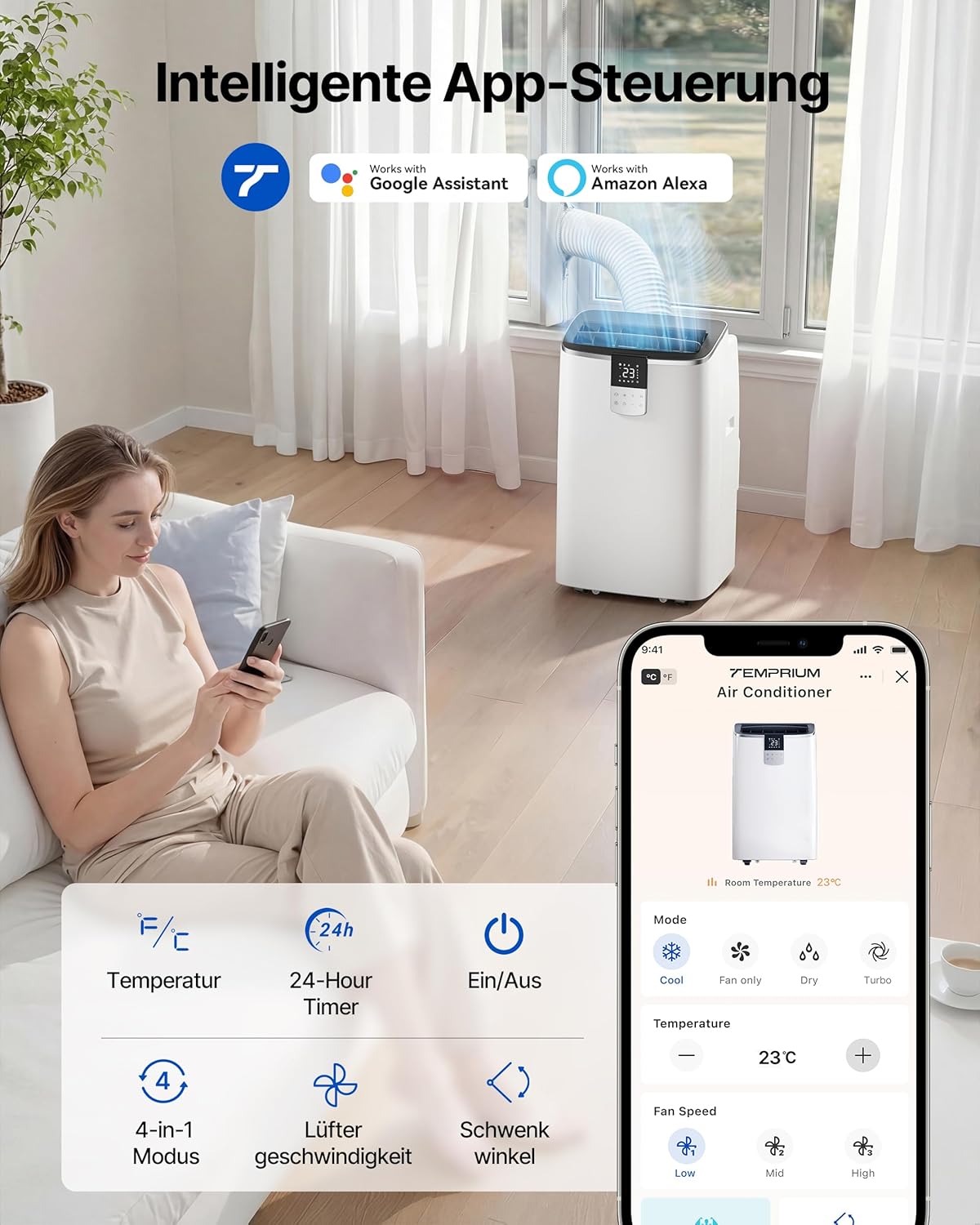 Mobile Klimaanlage 12000BTU mit Abluftschlauch | 4-in-1 Mobiles Klimagerät mit Fensterabdichtung | APP-Steuerung + Fernbedienung | Leiser Betrieb | 24h-Timer
