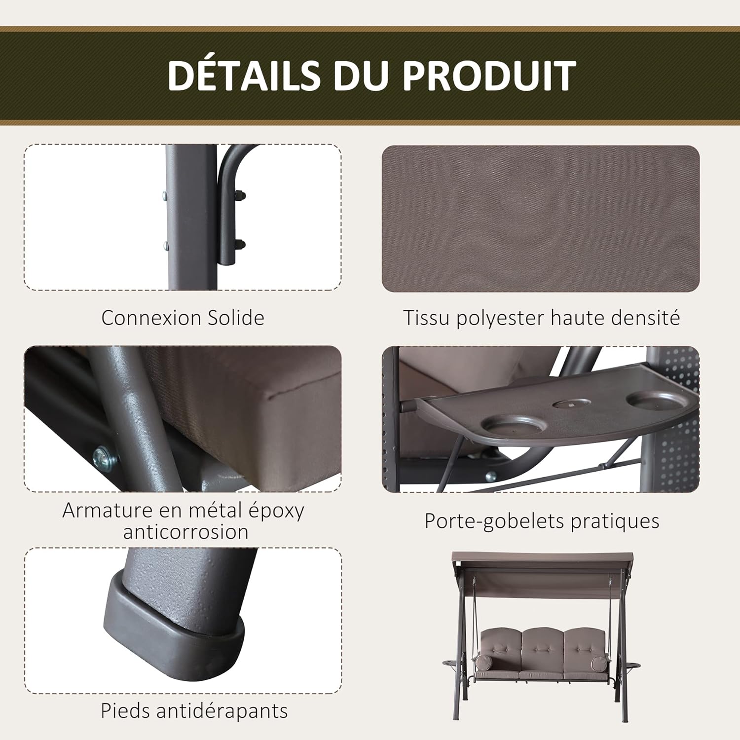 Outsunny 3-Sitzer Gartenschaukel Hoher Komfort Verstellbare Neigung Dach Kissen Versenkbare Tabletts Polyester Garn Beige