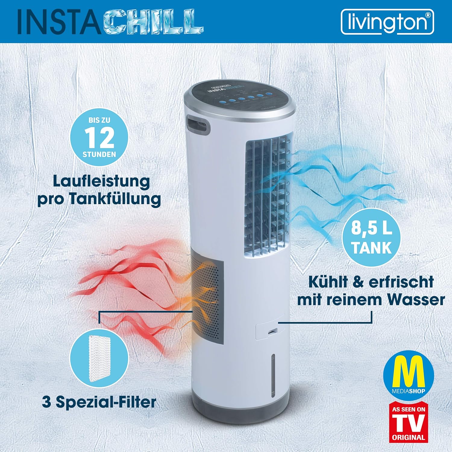Livington InstaChill – Kühler mit Wasserkühlung – mobiler Luftkühler mit 3 Kühlstufen – Kühlgerät ohne Abluftschlauch für 12h Kühlung dank 8,5 L Tank