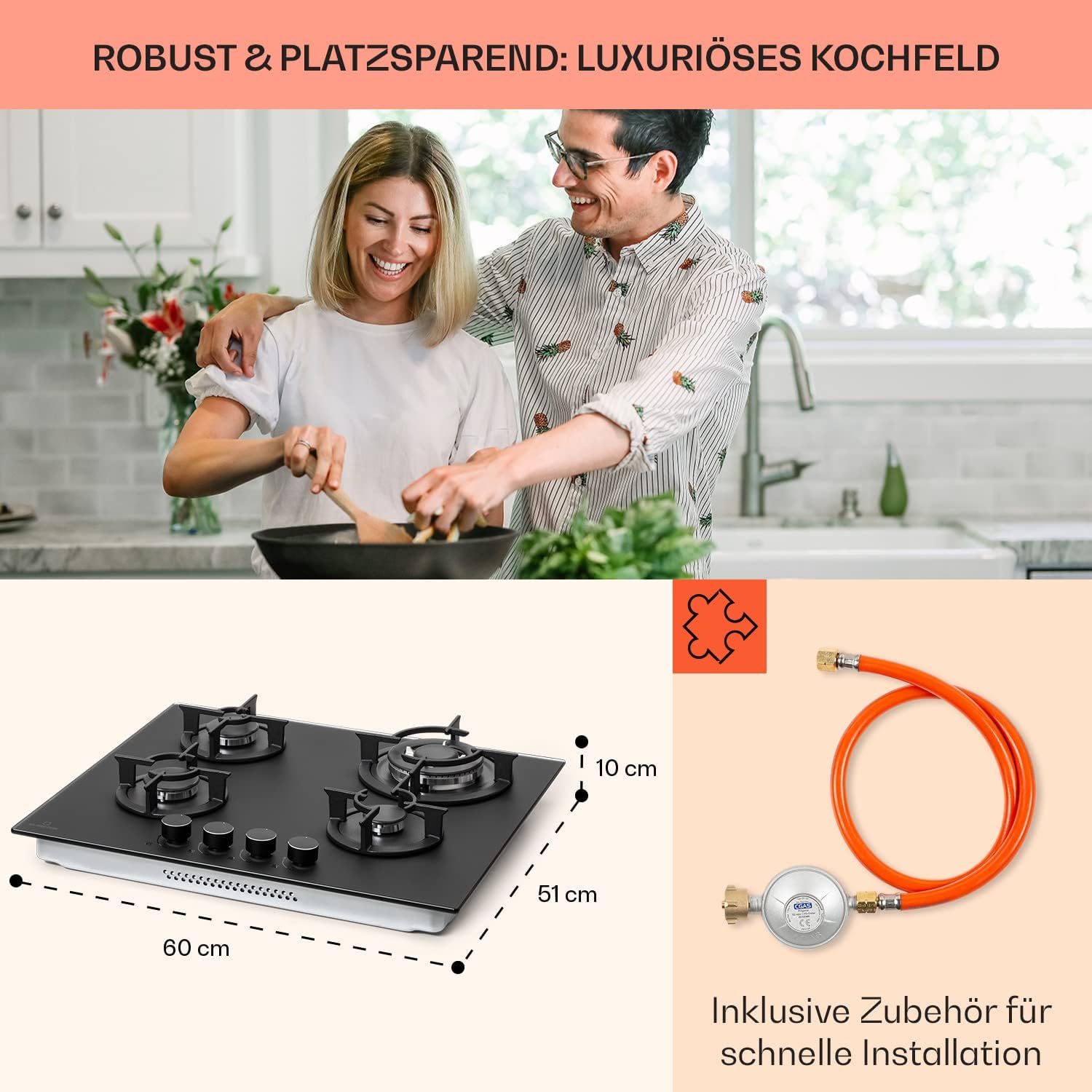 Klarstein Gasherd, Einbau-Gasherd für Propan Gasflasche, Gaskochfeld 4 Flammig, Gasherd für Küche, Camping & Wohnmobil, 8000 W Kochplatte, LPG Gaskocher, Herdplatte für Propangas, Edelstahl Gas-Herd