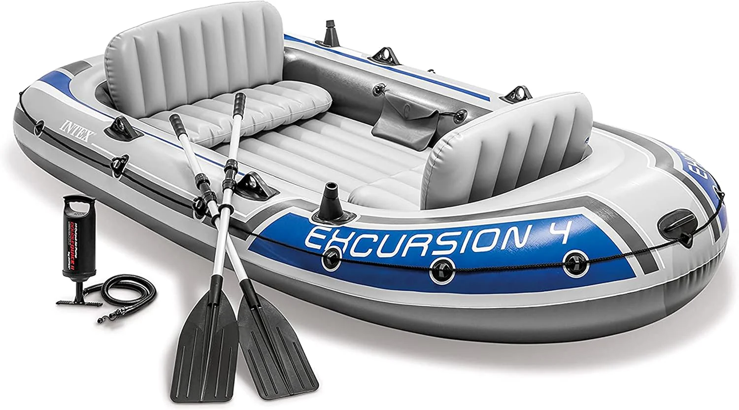 INTEX Excursion Inflatable Boat Series: Includes Deluxe 54in Boat Oars and High-Output Pump �C SuperTough PVC �C Adjustable Seats with Backrest �C Fishing Rod Holders �C Welded Oar Locks