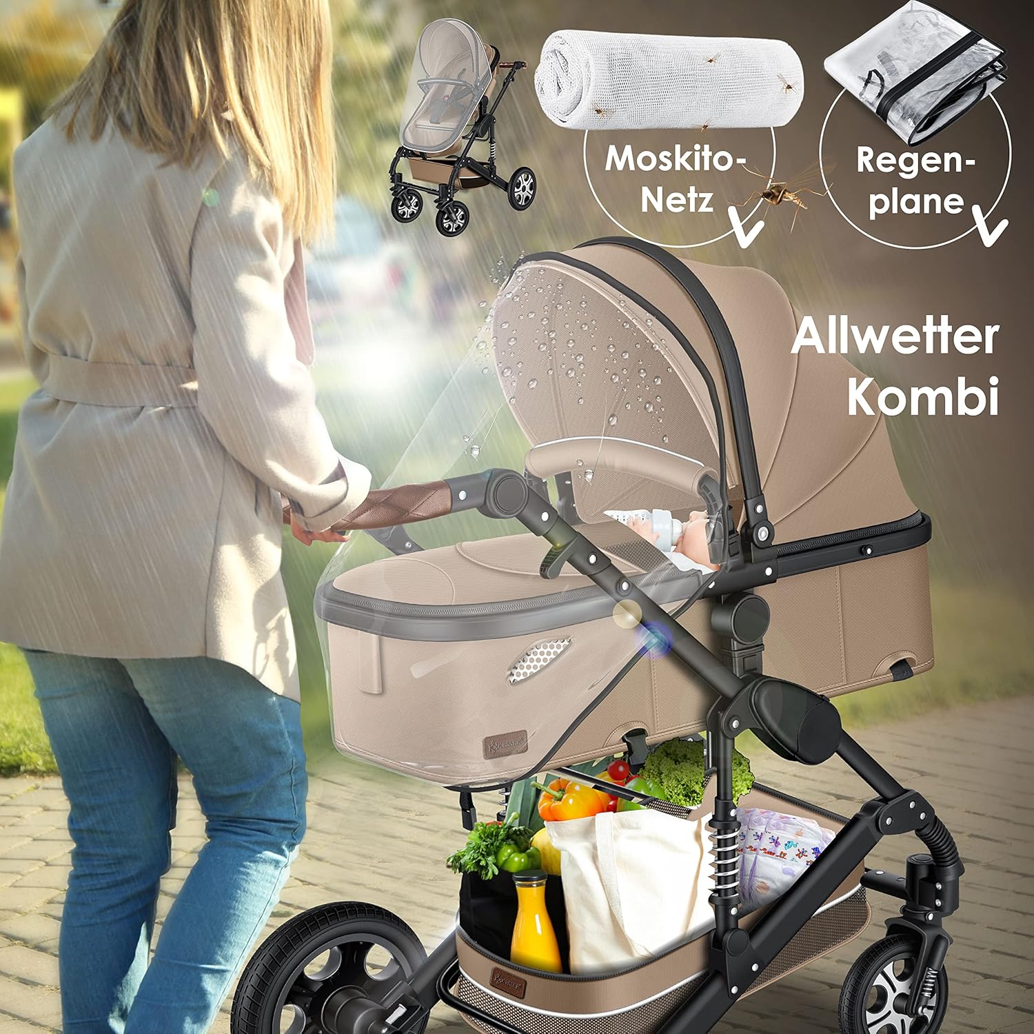 KESSER® Loops 3 in 1 Kinderwagen Kombikinderwagen Komplett-Set inkl. Babywanne & Buggy Sportsitz & Auto-Babyschale Voll-Gummireifen Wickeltasche Regenschutz Kindertisch ECE R129, Grau/Silber