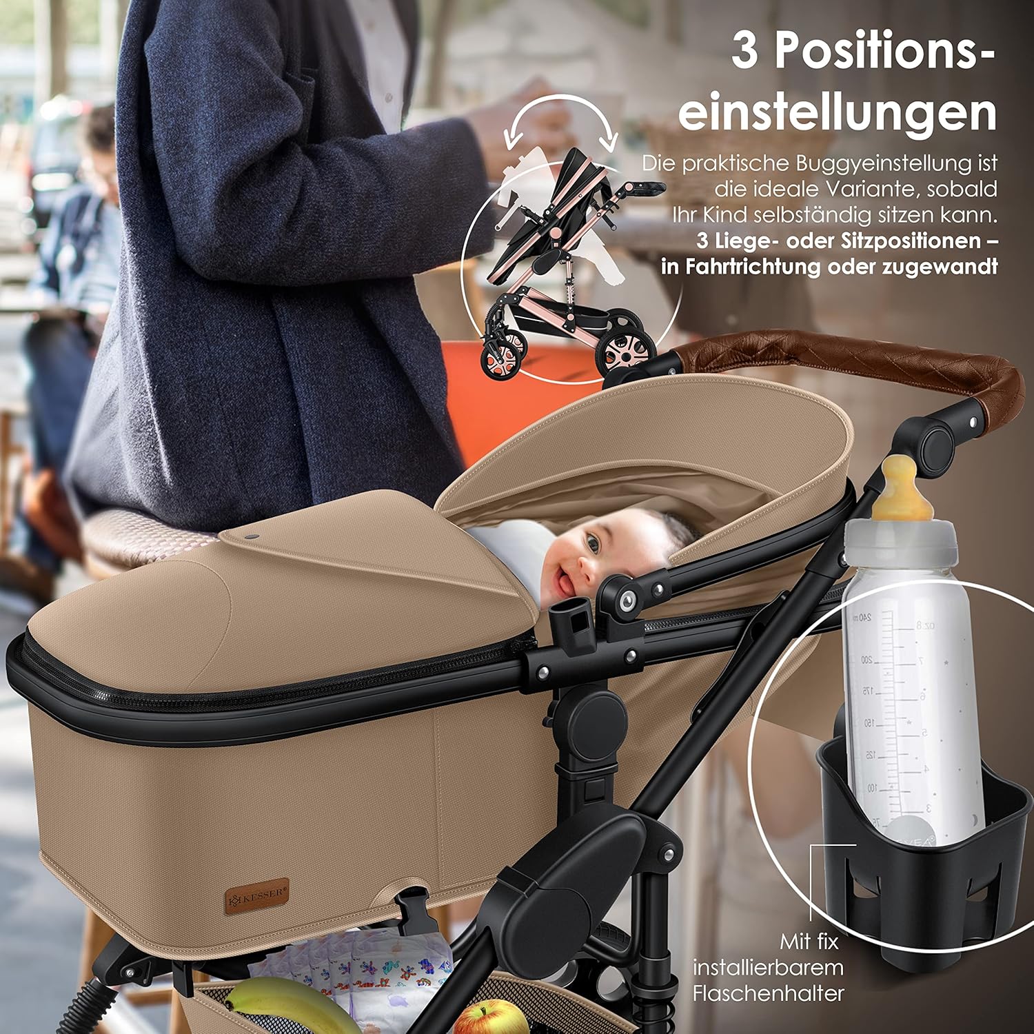 KESSER® Loops 3 in 1 Kinderwagen Kombikinderwagen Komplett-Set inkl. Babywanne & Buggy Sportsitz & Auto-Babyschale Voll-Gummireifen Wickeltasche Regenschutz Kindertisch ECE R129, Grau/Silber