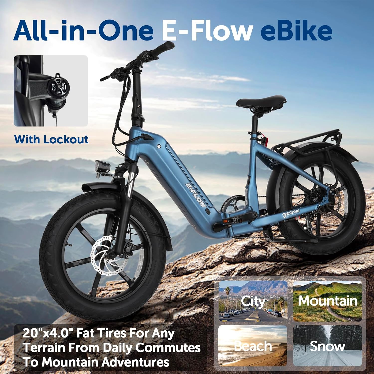 SDU 750W Peak 1000W Folding Ebike, Young Electric Bike E-Flow 48V/20Ah Hidden Removable Battery, Up to 90 Miles 28 Mph, 20''x4.0'' Fat Tire Commute Moutain Fast Cargo E-Bike for Adults