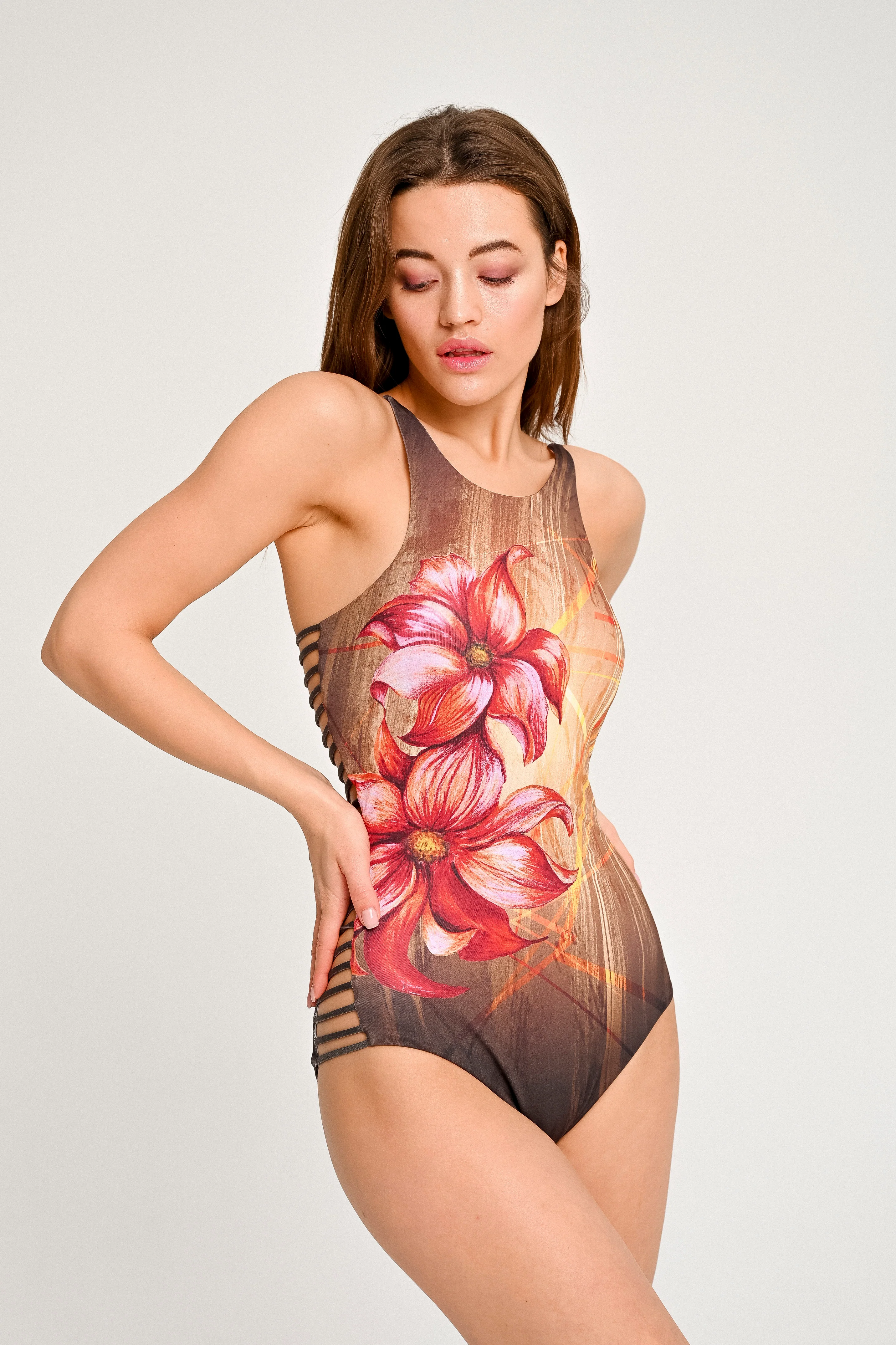 High neck with elastic side straps, 'Lilies' swimwear