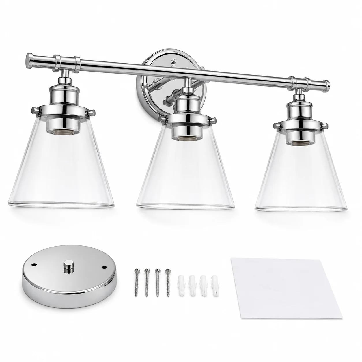 5-Piece Chrome Bathroom Set, 3-Light Vanity Fixture, Towel Bar and Accessories