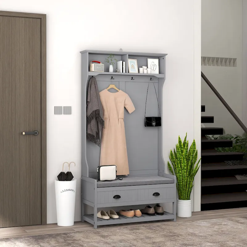 HOMCOM Gray Hall Tree Organizer with Coat Rack, 4 Hooks, 2 Drawers, and Padded Seat Cushions for Entryway