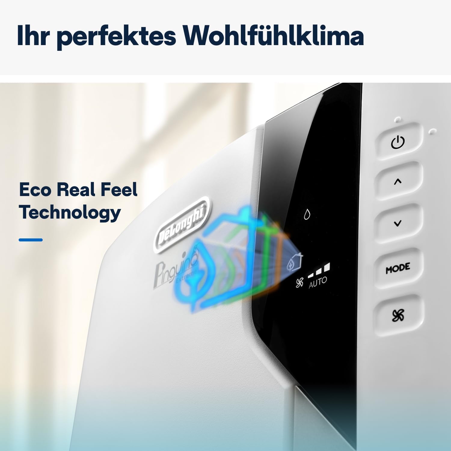 De'Longhi Pinguino PAC EM82, Mobile Klimaanlage für Rume bis zu 80 m, 9.400 BTU, 2,4 kW, 63 dB, Entfeuchtungsfunktion, Energieklasse A, 24h-Timer, Wei