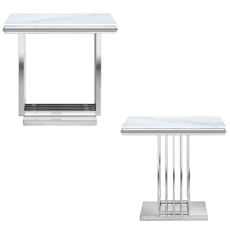 Elegant 24-Inch Square Silver and Glass End Table with Stainless Steel Base
