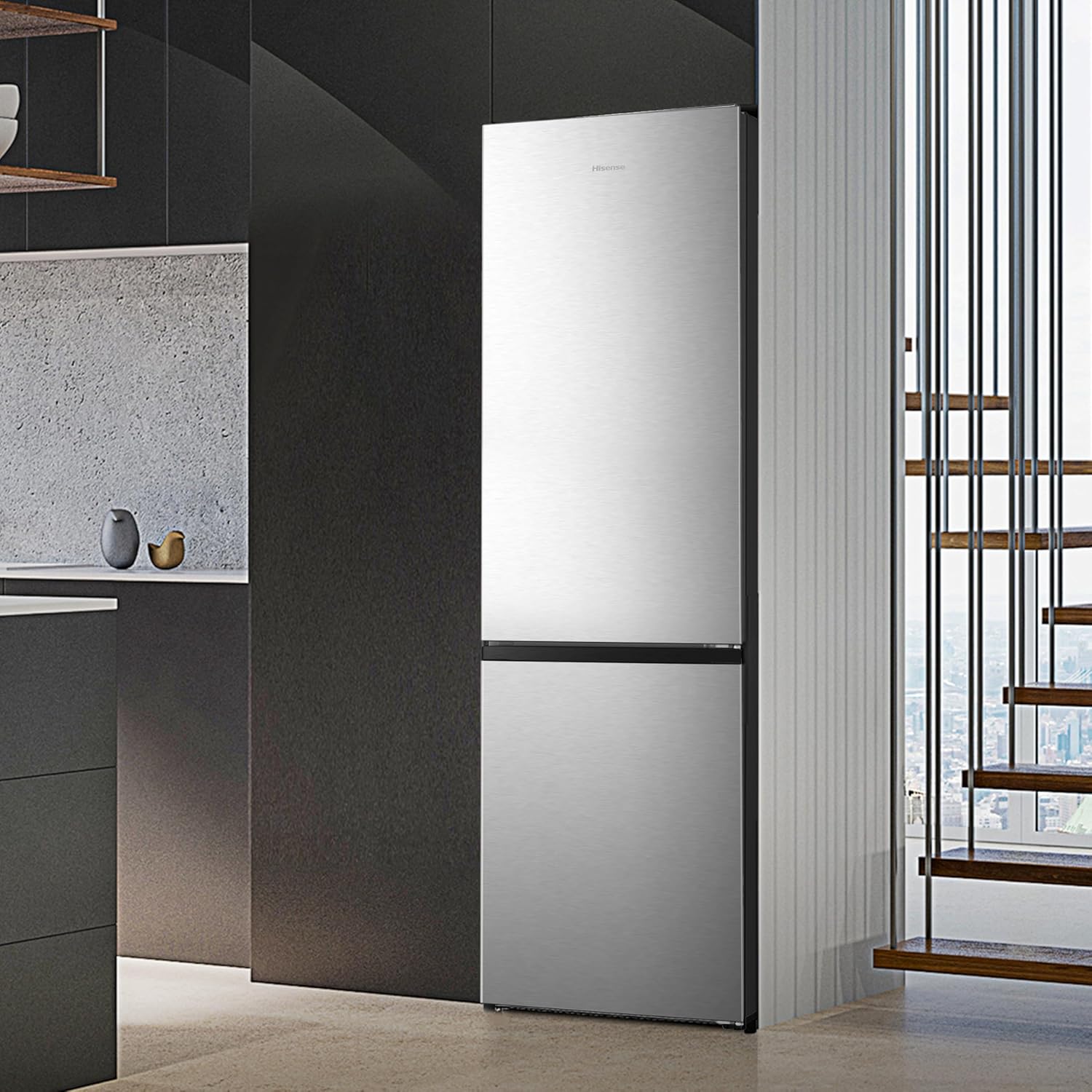 Hisense RB327N4ADD Fridge-Freezer Combination, EEK D, Total NoFrost, Interchangeable Door Hinge, Bottle Grid, 171 Litre Fridge Compartment, 85 Litre Freezer Compartment, Stainless Steel Look