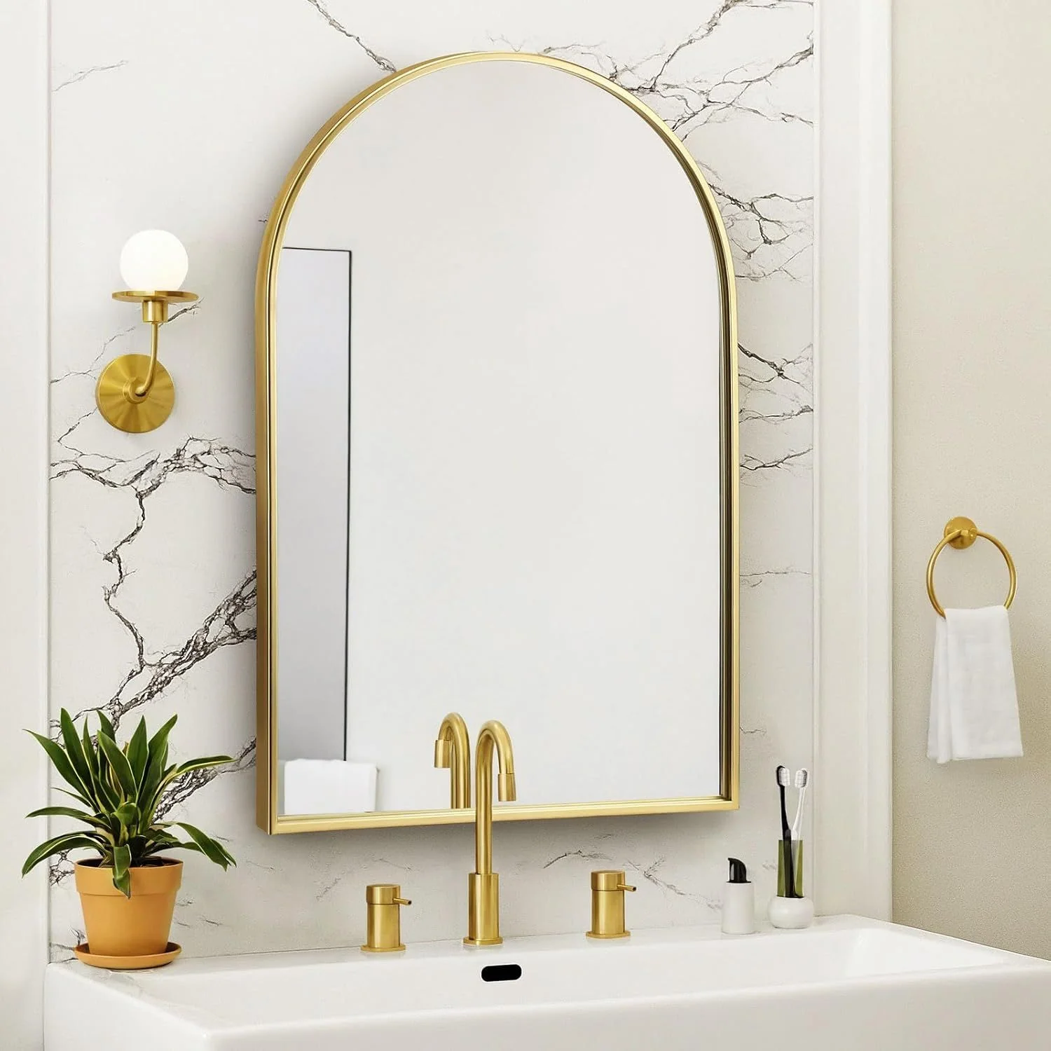 Gold Arch Wall Mirror 90x60cm with Metal Frame for Bathroom and Living Room