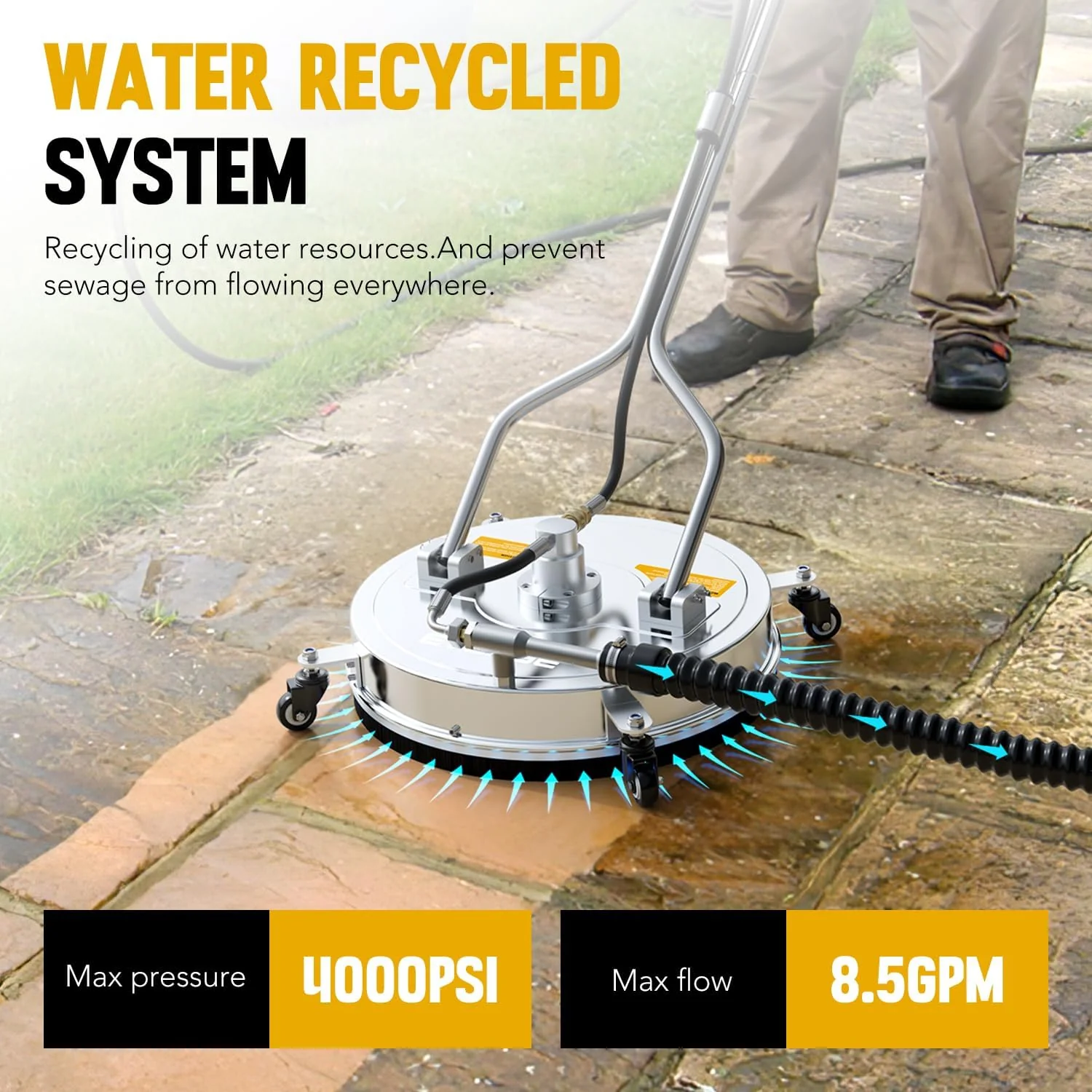 EVEAGE 50,8 cm hogedrukreiniger oppervlaktereiniger dubbele handgreep met waterterugwinning, met 4 wielen, roestvrijstalen behuizing hogedrukreinigeraccessoires met 2 verlengstangen, 4000 PSI, EP004