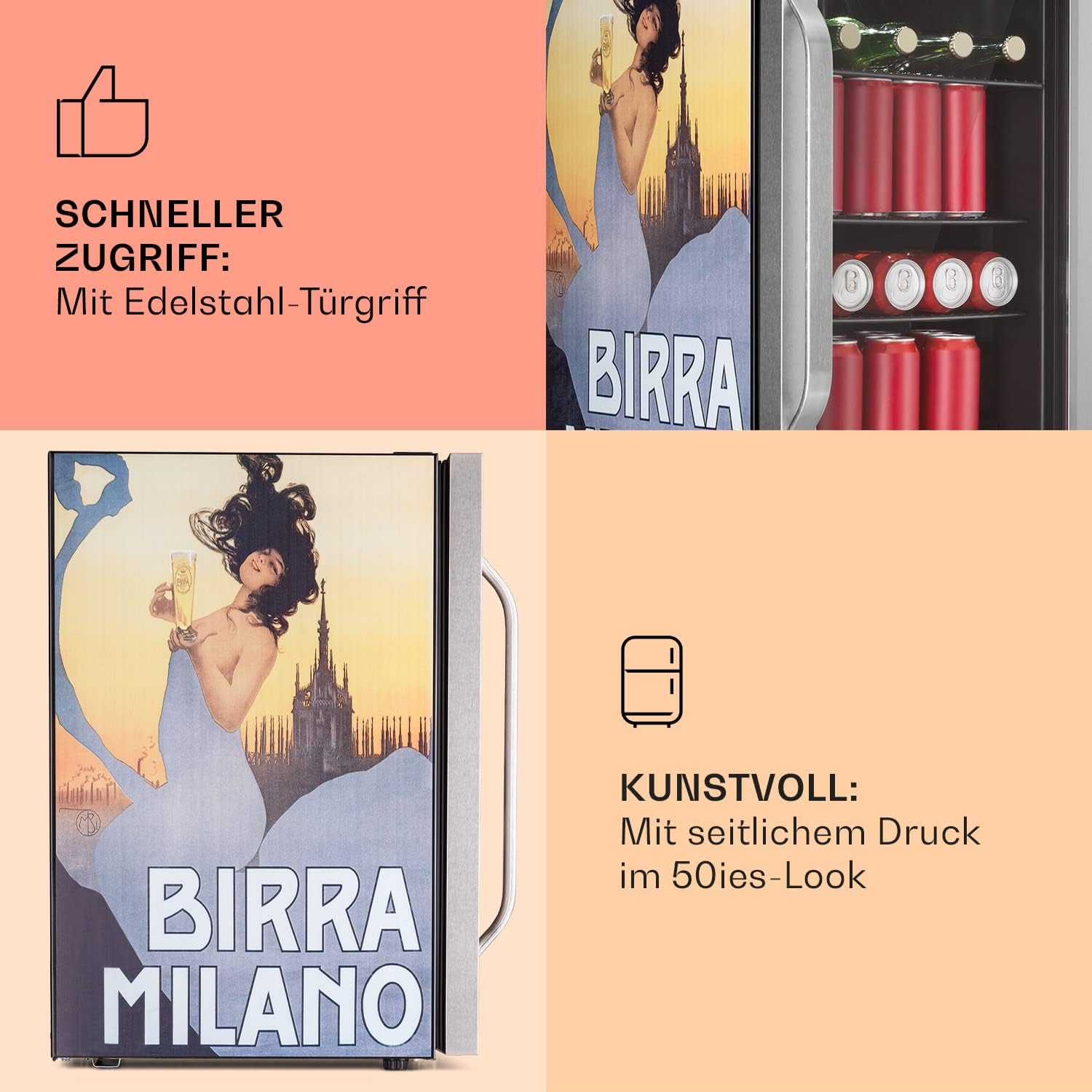 Klarstein Kühlschrank 70L, Kleiner Kühlschrank mit Herausnehmbaren Ablagen, Leiser Mini Kühlschrank mit Glastür & LED, Getränkekühlschrank Klein, Outdoor Geeignet, Biersafe für Flaschen, 0-10°C