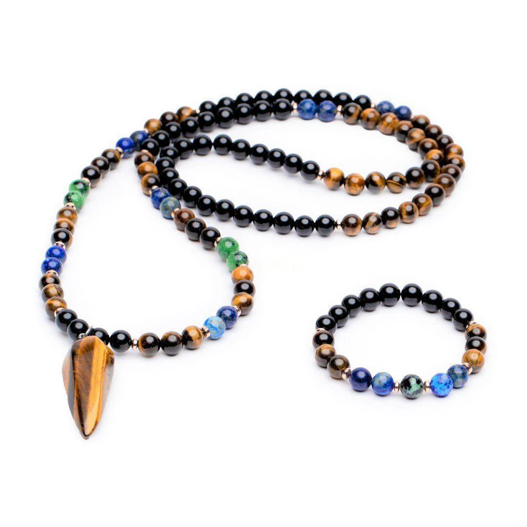 Set van 2 - Mala Ketting + Armband - Handgemaakt - Lapis Lazuli - Tijgeroog & Turkoois - Intuïtie