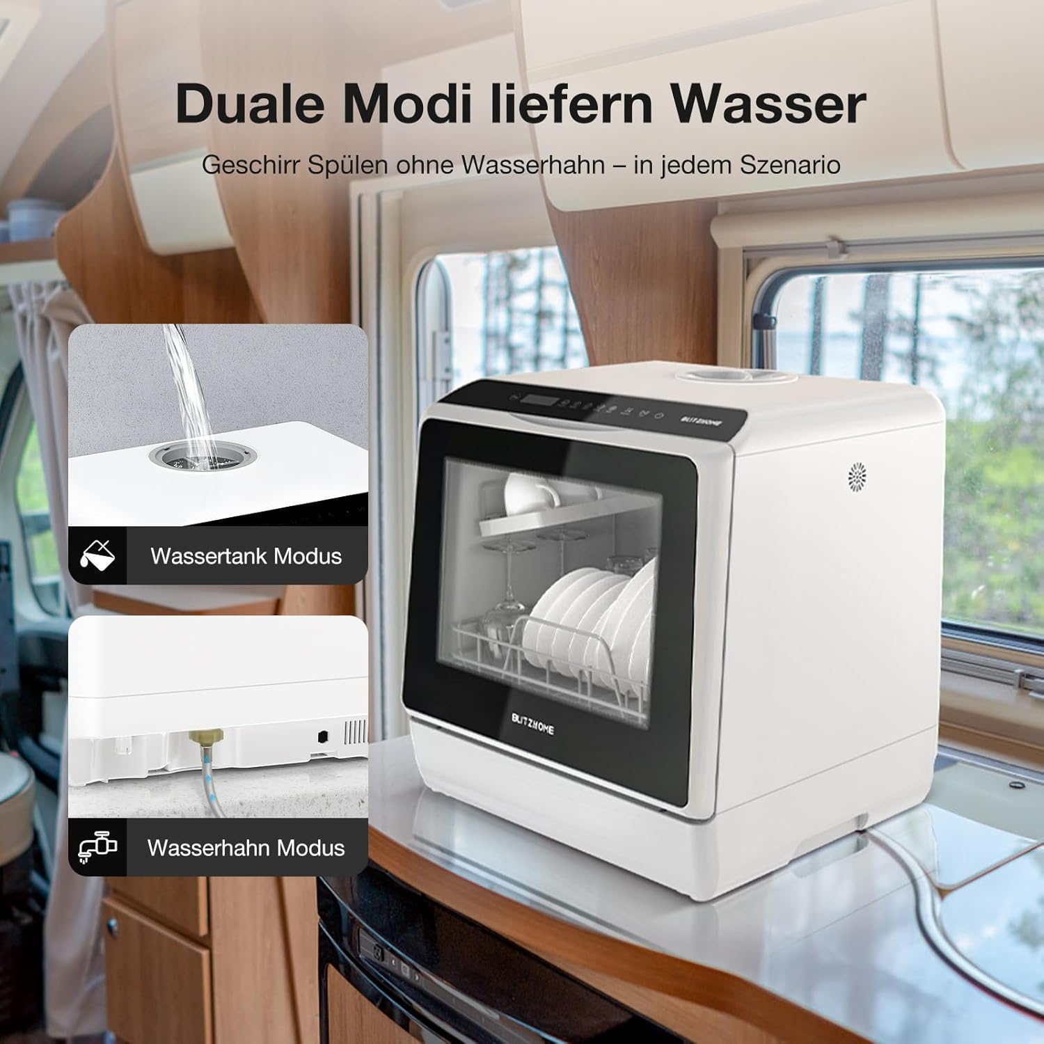 Mini Spülmaschine, BLITZHOME Mini Geschirrspüler App Steuerung, 6 Programme Tragbarer Smart Tischgeschirrspüler mit 5L Wassertank, mit/ohne Wasseranschluss Benutzbar, Trockenfunktion, für Camping