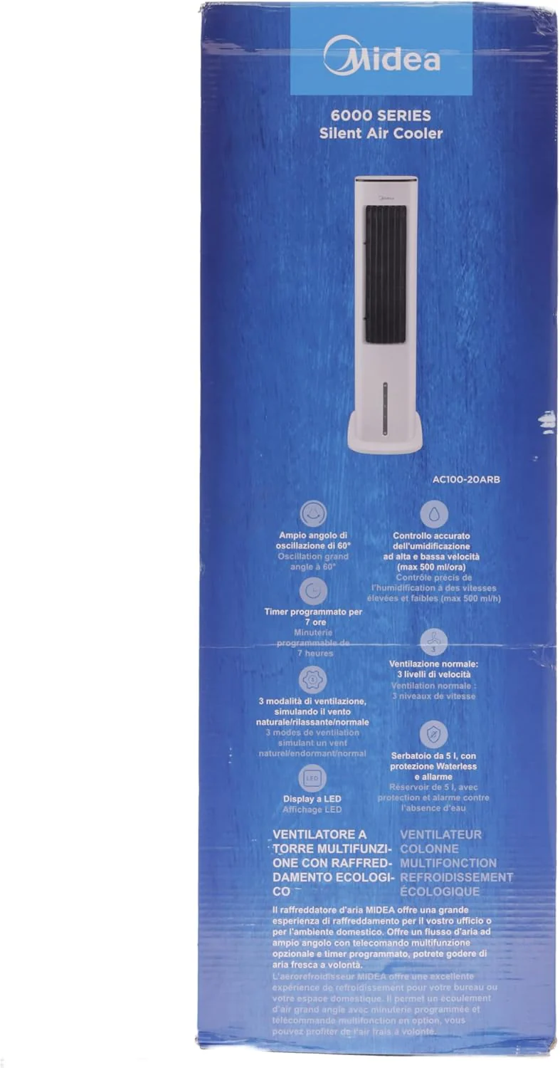 Midea Luftkühler mit Wasserkühlung, Klimaanlage Mobil, Ventilator mit 5L Wasserkühlung, Luftbefeuchter und Ionisation, Klimaanlage Ohne Abluftschlauch, 355m/h, Ventilator mit Fernbedienung,55W,Wei