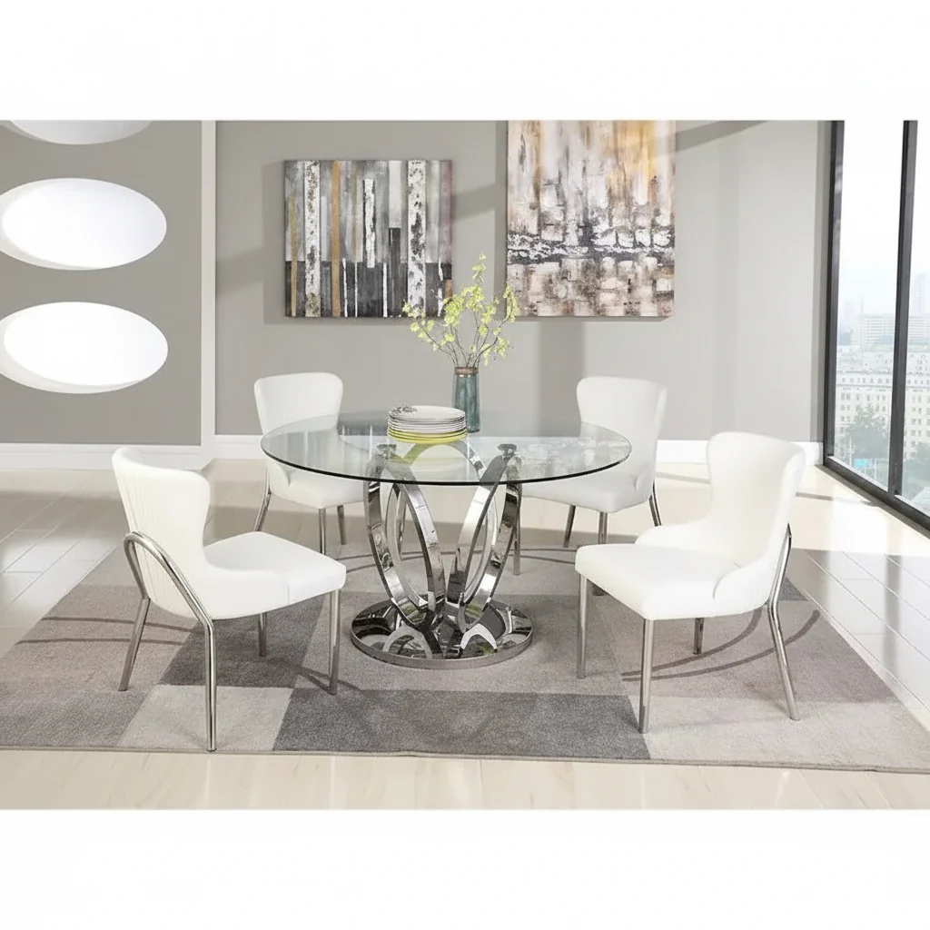 Round Dining Table with Glass Top and Steel Base