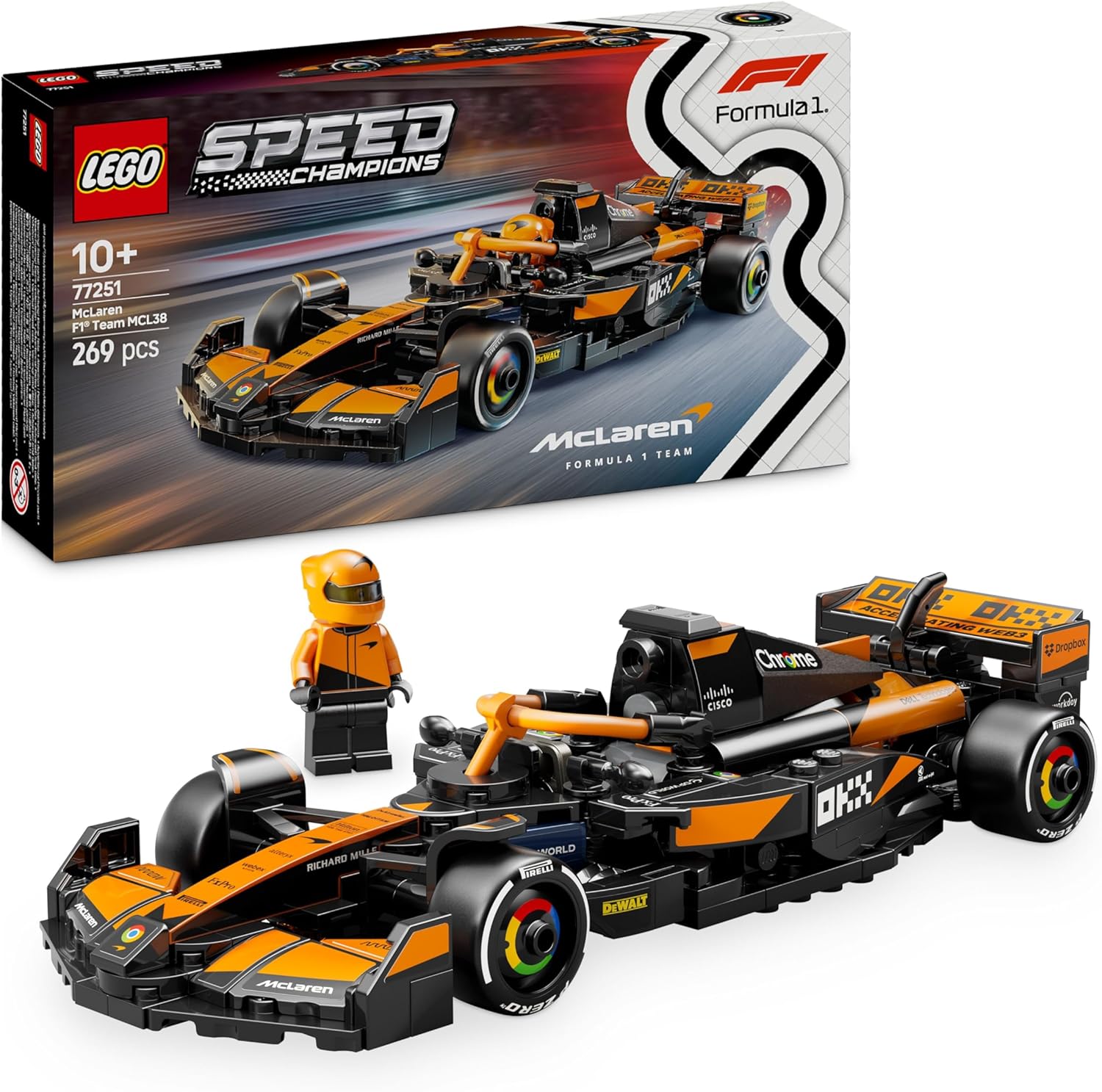 LEGO Speed ​​Champions McLaren F1 Team MCL38 Racerbilsfordonset, Byggsats med exklusiv bilmodell för barn, Körset med 1 minifigur, Lekset och Formel 1-samlarpresent för pojkar och barn