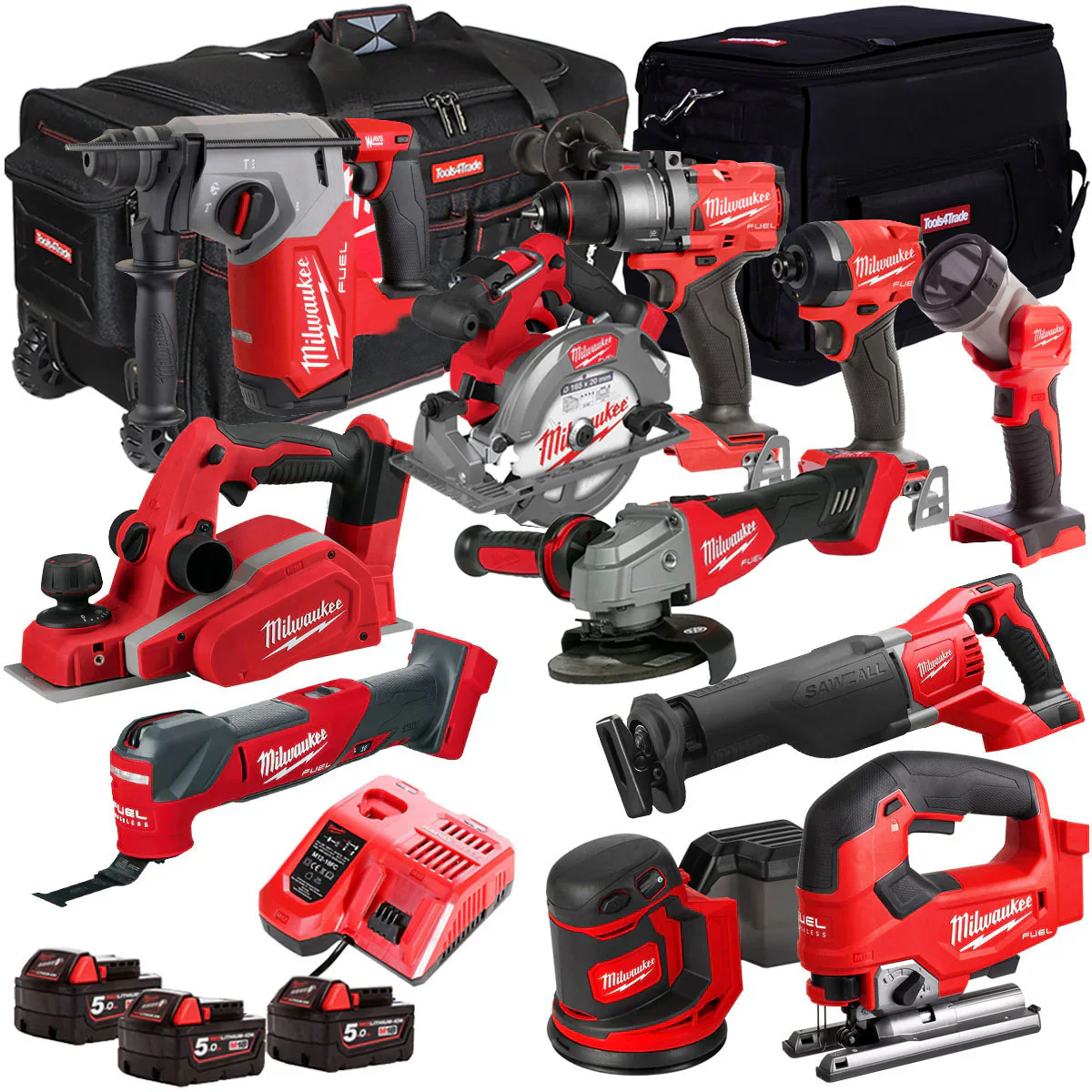 Milwaukee 18V Cordless 11 Piece Tool Kit with 3 x 5.0Ah Batteries & Charger in Bag T4TM-9