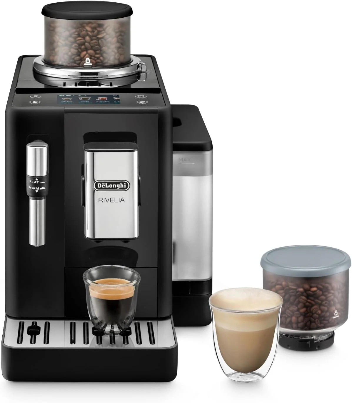 De'Longhi Rivelia EXAM440.55.W volautomatische espressomachine met LatteCrema-melksysteem, verwisselbaar bonenreservoir, 16 koffie- en melkdranken met ����n druk op de knop, Extra-Shot-functie, 3,5 inch touchscreen, wit