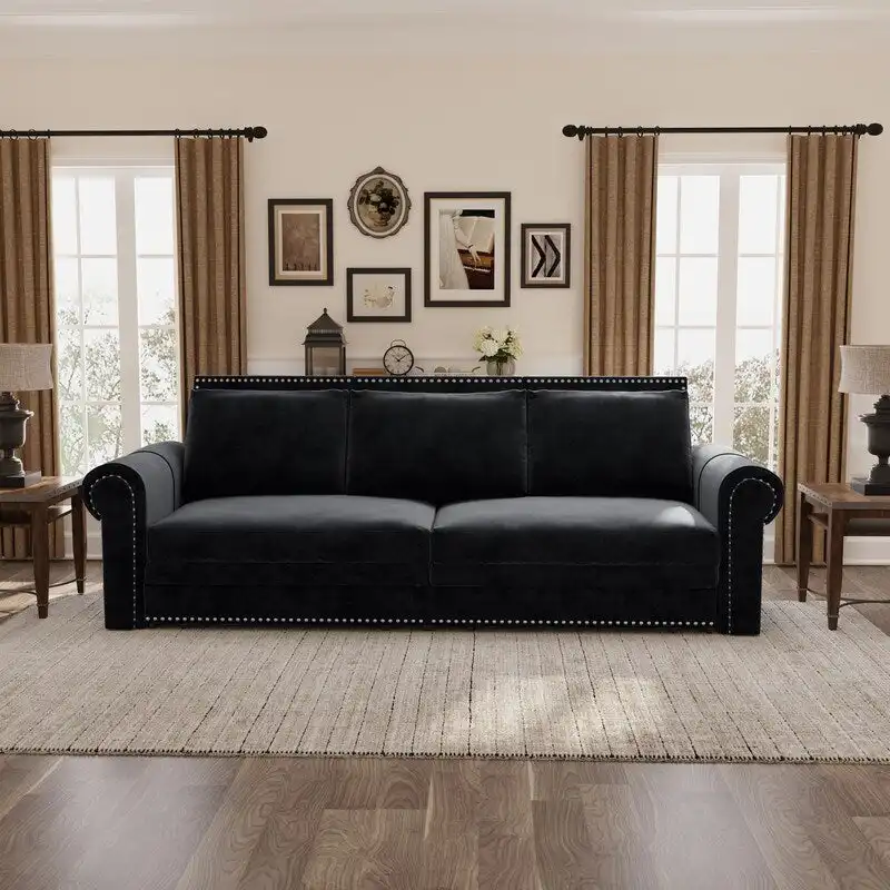 3-in-1 King Pull Out Sofa Bed Chesterfield Sofa, Velvet/Faux Leather Convertible Sleeper Sofa with Nailhead Trim & Rolled Arm