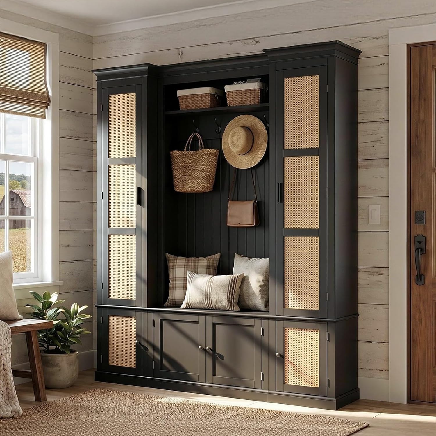 Large Hall Tree with Bench & Rattan Doors, 4-in-1 Entryway Coat Rack with Shoe Storage, 4 Hooks, Shelves, Mid-Century Shoe Bench for Hallway Mudroom, Black, 63.2��W x 15.7��D x 76.8��H