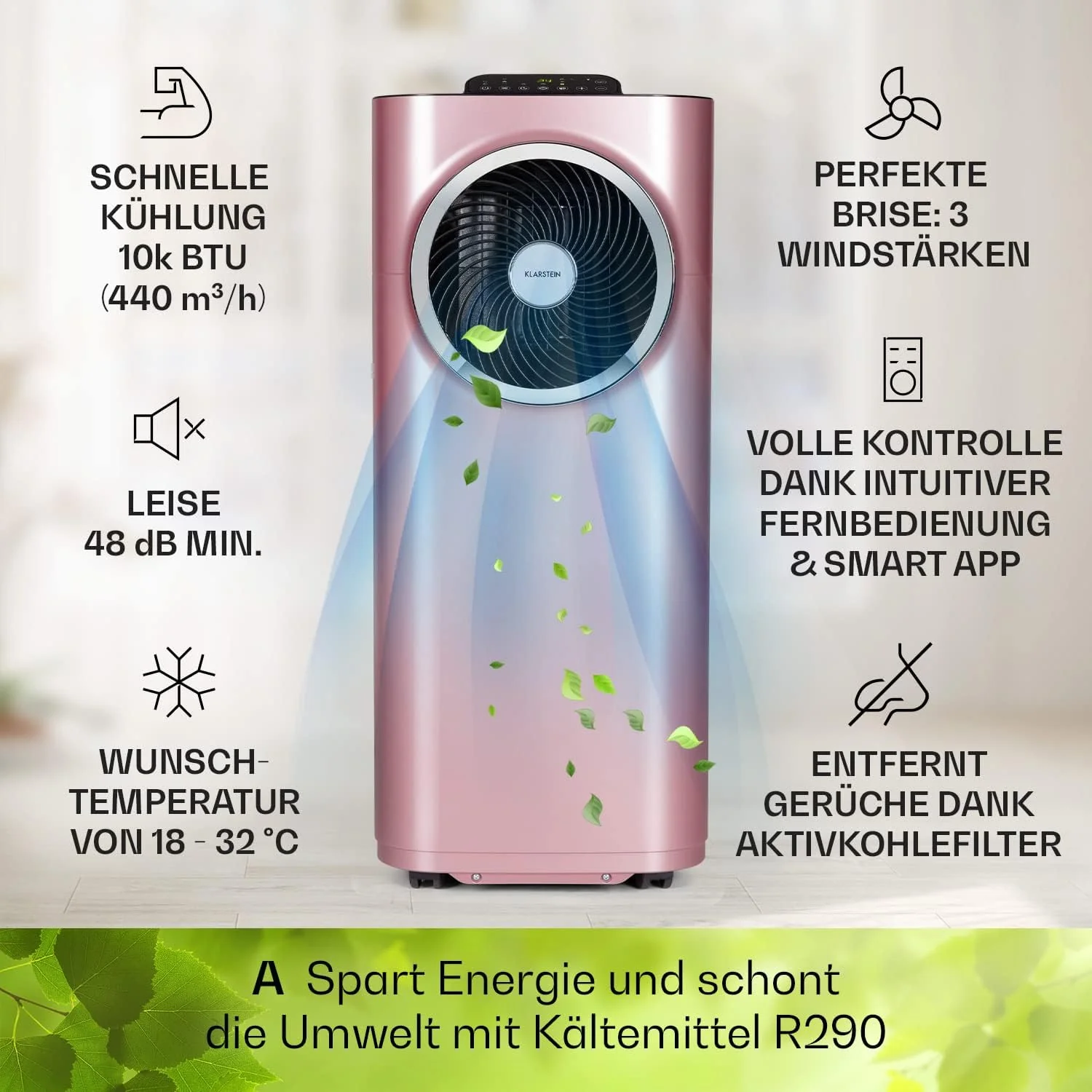 Klarstein Mobile Klimaanlage mit Abluftschlauch, 5-in-1 Klimagerät, Ventilator, Luftentfeuchter, Luftreiniger & Nachtmodus, App-Steuerung, Kleine & Portable, für Wohnung & Büro, 12000 BTU
