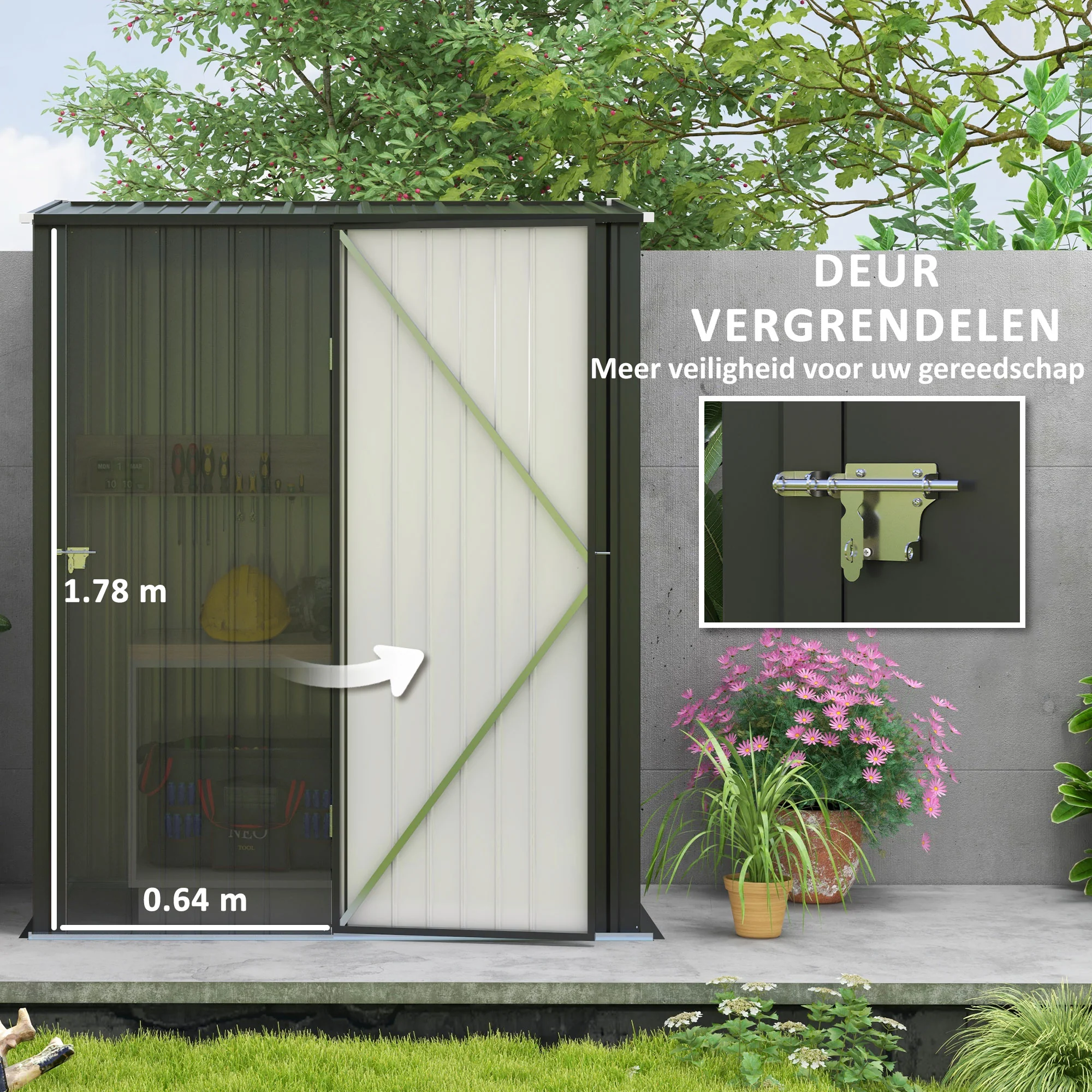 Outsunny Tuinschuur Gereedschapsschuur, afsluitbare deur, weerbestendig, incl. schappen, 161,5 cm x 94,5 cm x 196 cm, Zwart