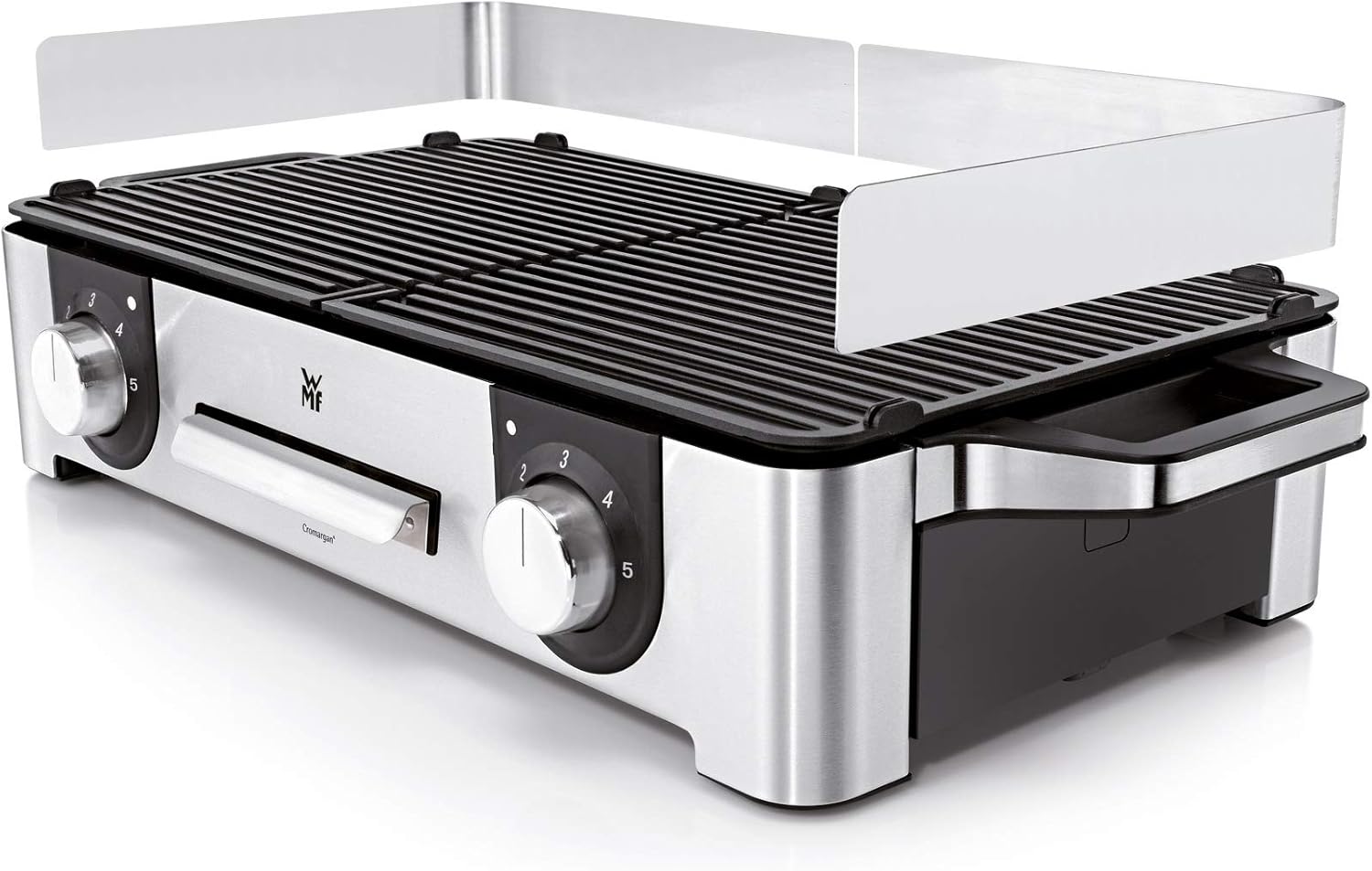 WMF Lono Master-Grill, Elektrogrill, 50x28 cm, Elektrogrill Tischgrill mit Windschutz und Auffangschale, Outdoorzertifiziert für Barbecue, 2 getrennt regulierbare Grillflächen, 2400 W, edelstahl matt