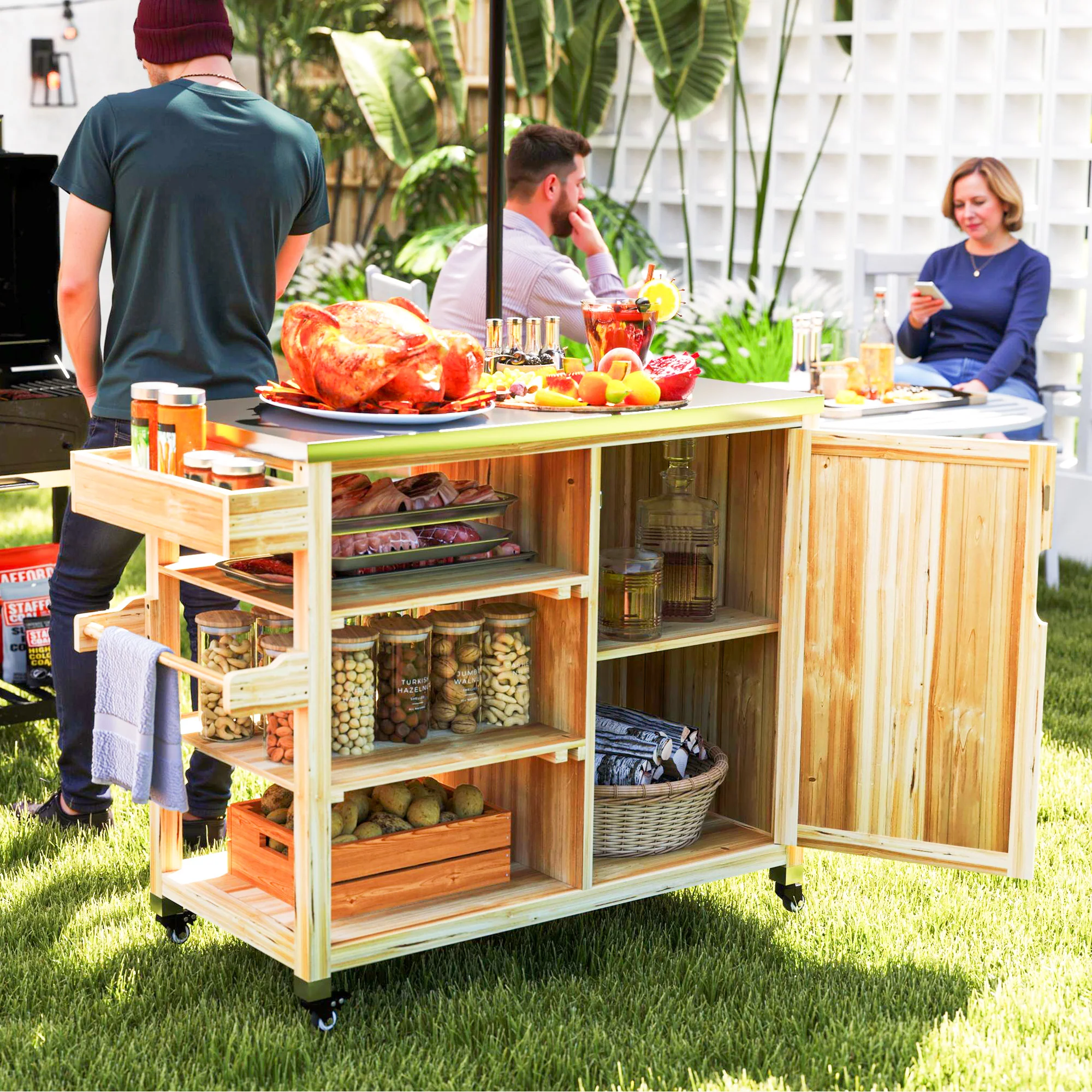 Outsunny Grillwagen Outdoor Kücheninsel mit Rollen Massivholz