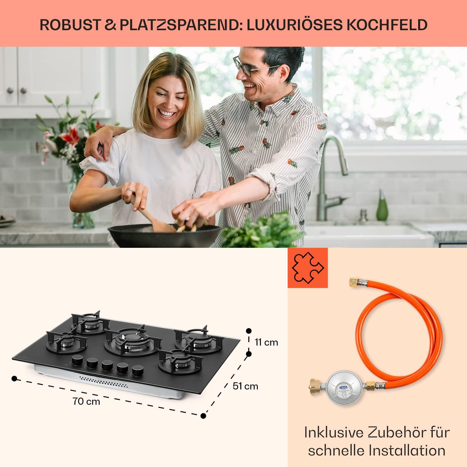 Klarstein Gasherd, Einbau-Gasherd für Propan Gasflasche, Gaskochfeld 4 Flammig, Gasherd für Küche, Camping & Wohnmobil, 8000 W Kochplatte, LPG Gaskocher, Herdplatte für Propangas, Edelstahl Gas-Herd