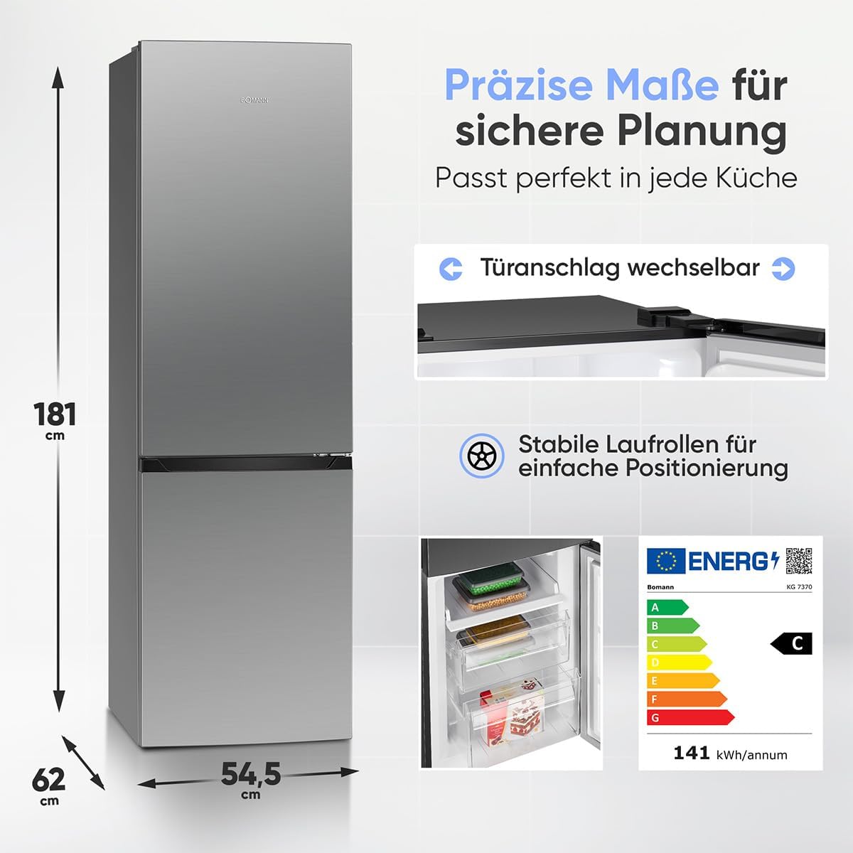 Bomann® Kühlschrank mit Gefrierfach | Energieklasse C | 181cm | NoFrost | 5 Jahre Kompressor-Garantie | Kühl Gefrierkombination No-Frost | Kühlgefrierkombination freistehend | KG 7370 silber