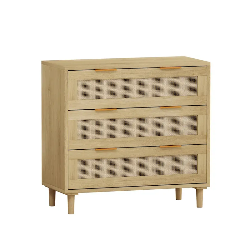 Oak Storage Cabinet with 3 Rattan Drawers - Dimensions: 31.5L x 15.55W x 30.12H