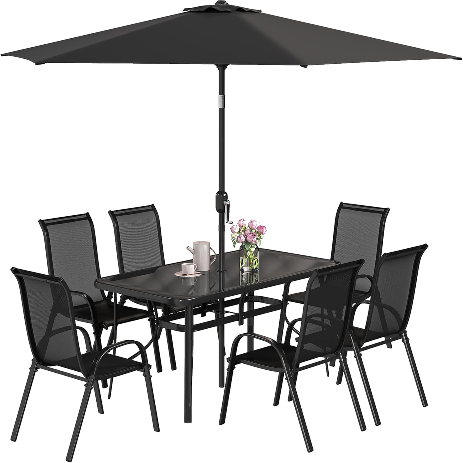 Outsunny 8 Pieces Patio Table and Chairs Set with 9 Ft Patio Umbrella, Outdoor Dining Set with 4.6 Ft Dining Table and 6 Chairs, Push Button Tilt and Crank Parasol, Tempered Glass Top, Black