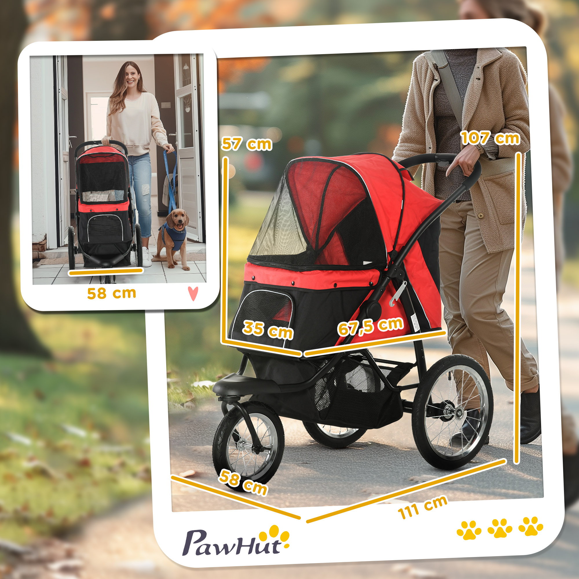 PawHut Opvouwbare hondenwagen met zonbescherming, netvensters en opbergmand - Rood, 111 x 58 x 107 cm