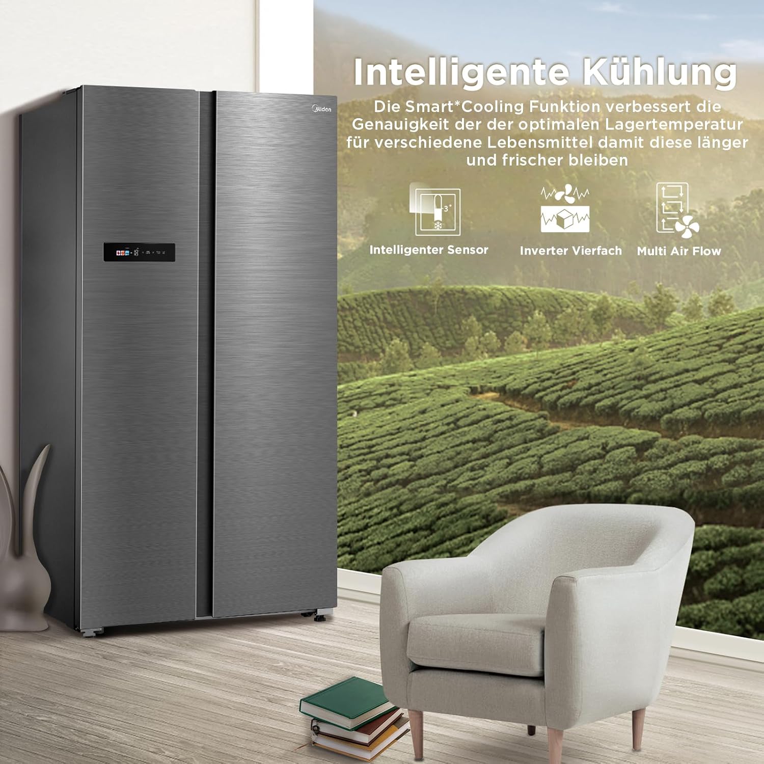 Midea KS-DDX 6.32 WT Side-by-Side Kühl-/Gefrierkombination/ 178,8 cm Hhe/ 254 kWh/Jahr/No Frost/Dual Inverter Compressor/mit 3in1 Wasser-/Eisspender und Wassertank, Dark Inox