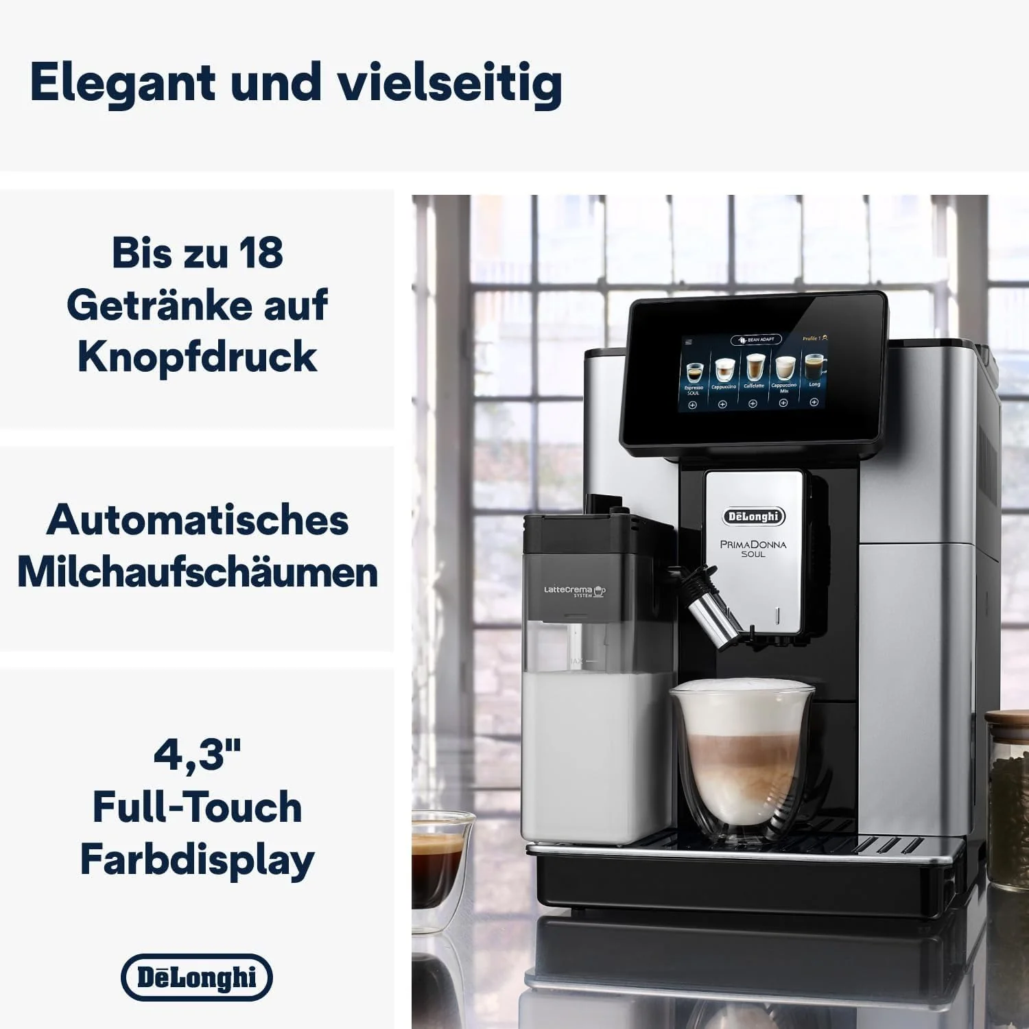 De'Longhi PrimaDonna Soul Perfetto ECAM 612.55.SB volautomatische koffiemachine met LatteCrema-melksysteem en Bean Adapt-technologie, 18 recepten, met kleurendisplay-app-besturing, zilver/zwart