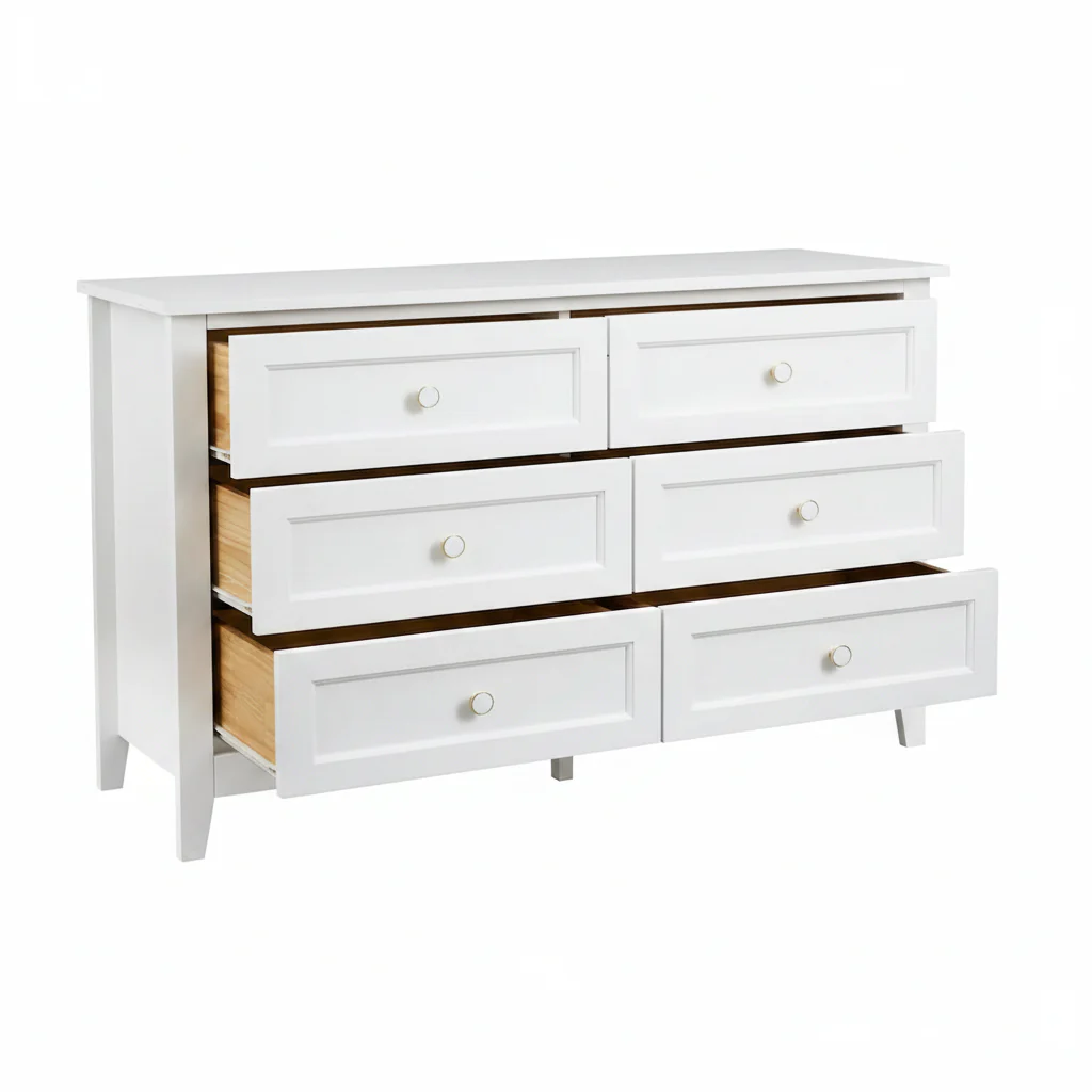 White Solid Wood Dresser Cabinet with Retro Round Handles and Spray-Painted Finish