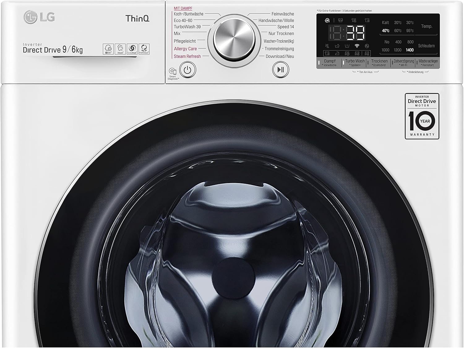 LG V7WD107H2E, Klasse E, Frontlader-Waschtrockner 10,5 - 7 kg, 1400 U/min, AI Direct Drive, Wi-Fi, Tiefenreinigung mit Dampf, TurboWash, Größere Kapazität, 62 x 60 x 85 cm ꟷ Weiß