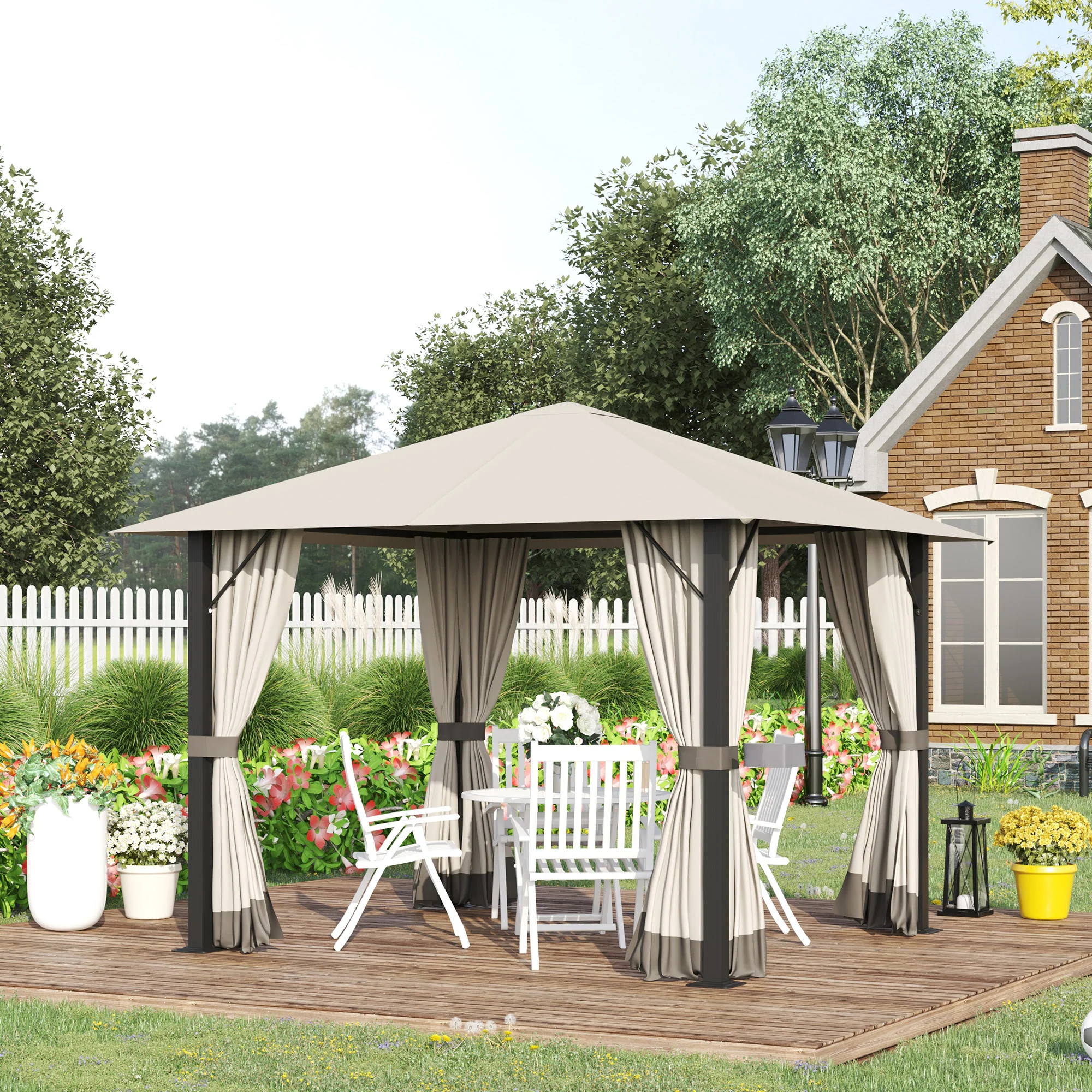 Outsunny Pavillon 3x3 m mit Seitenteilen & Belüftung Khaki