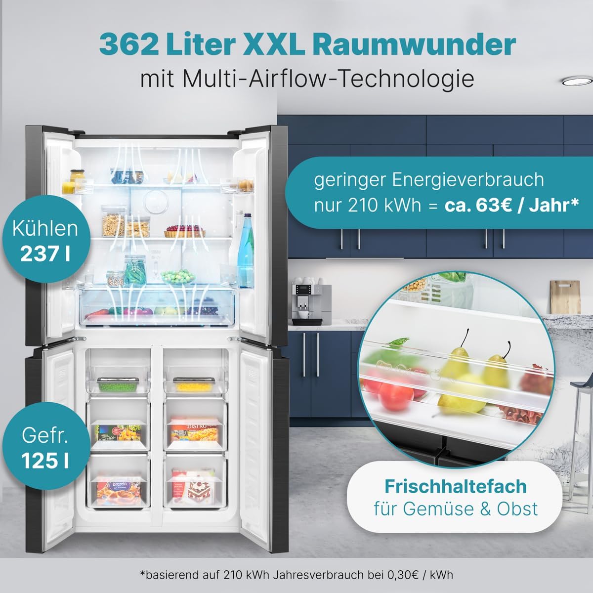 Bomann® French Door Kühlschrank No Frost | Kühl-Gefrier-Kombinationen mit Total No Frost | Kühlschrank mit Gefrierfach 362L | Side by Side Kühlschrank mit MultiAirflow-System | KG 7358 schwarz-inox