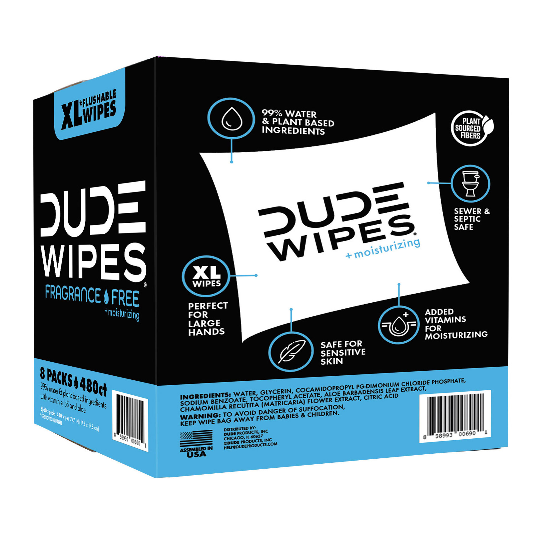 DUDE Wipes Fragrance-Free + Moisturizing XL Flushable Wipes, 480 Wipes