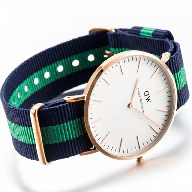 Daniel Wellington Warwick 40mm White Dial Blue & Green Nato Strap Men's Gold Watch - DW00100005